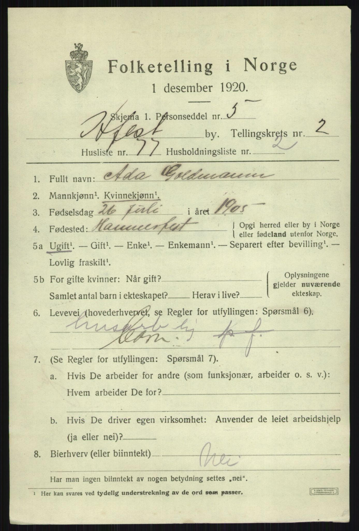 SATØ, 1920 census for Hammerfest, 1920, p. 7577