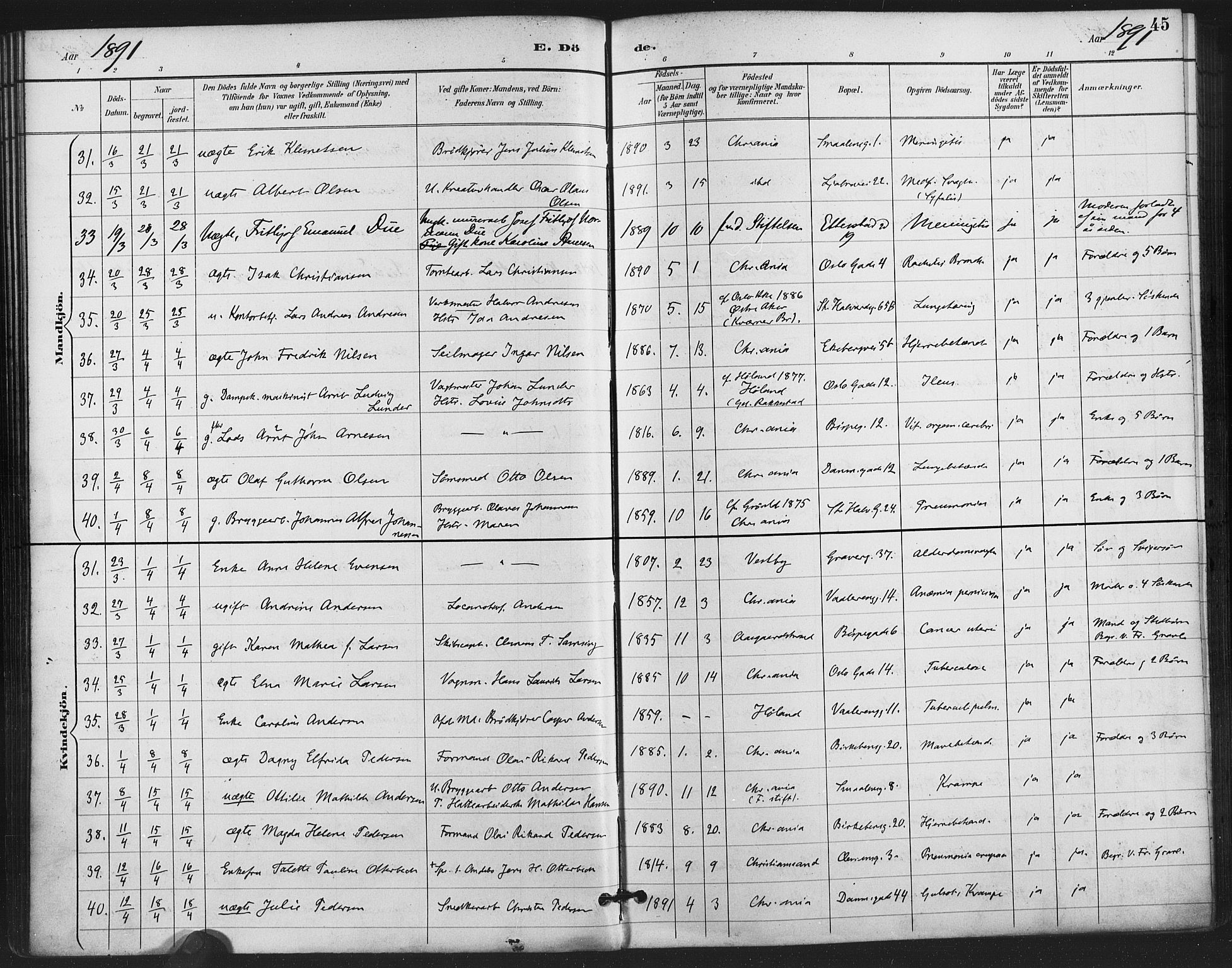 Gamlebyen prestekontor Kirkebøker, AV/SAO-A-10884/F/Fa/L0009: Parish register (official) no. 9, 1888-1909, p. 45