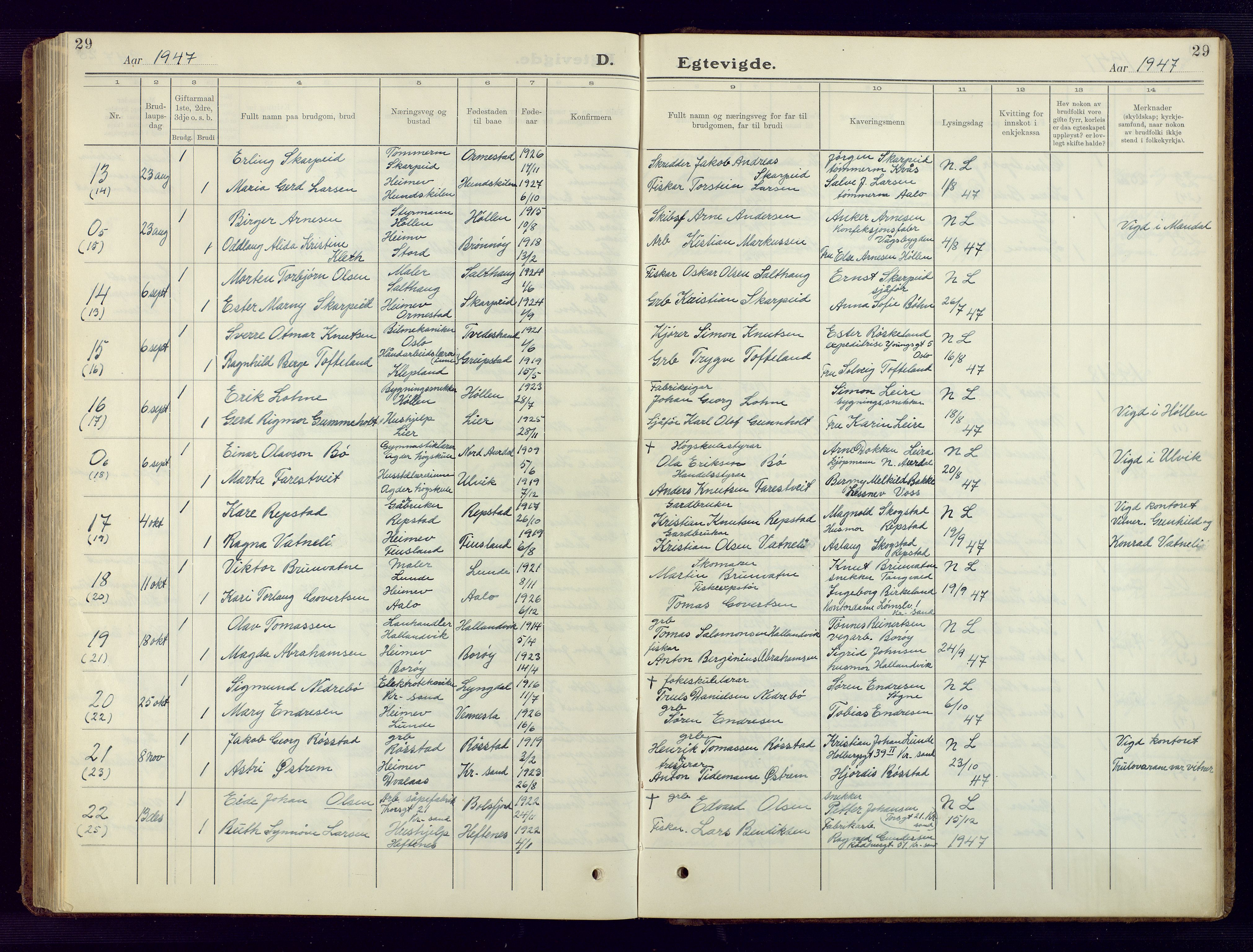 Søgne sokneprestkontor, SAK/1111-0037/F/Fb/Fbb/L0008: Parish register (copy) no. B 8, 1932-1949, p. 29