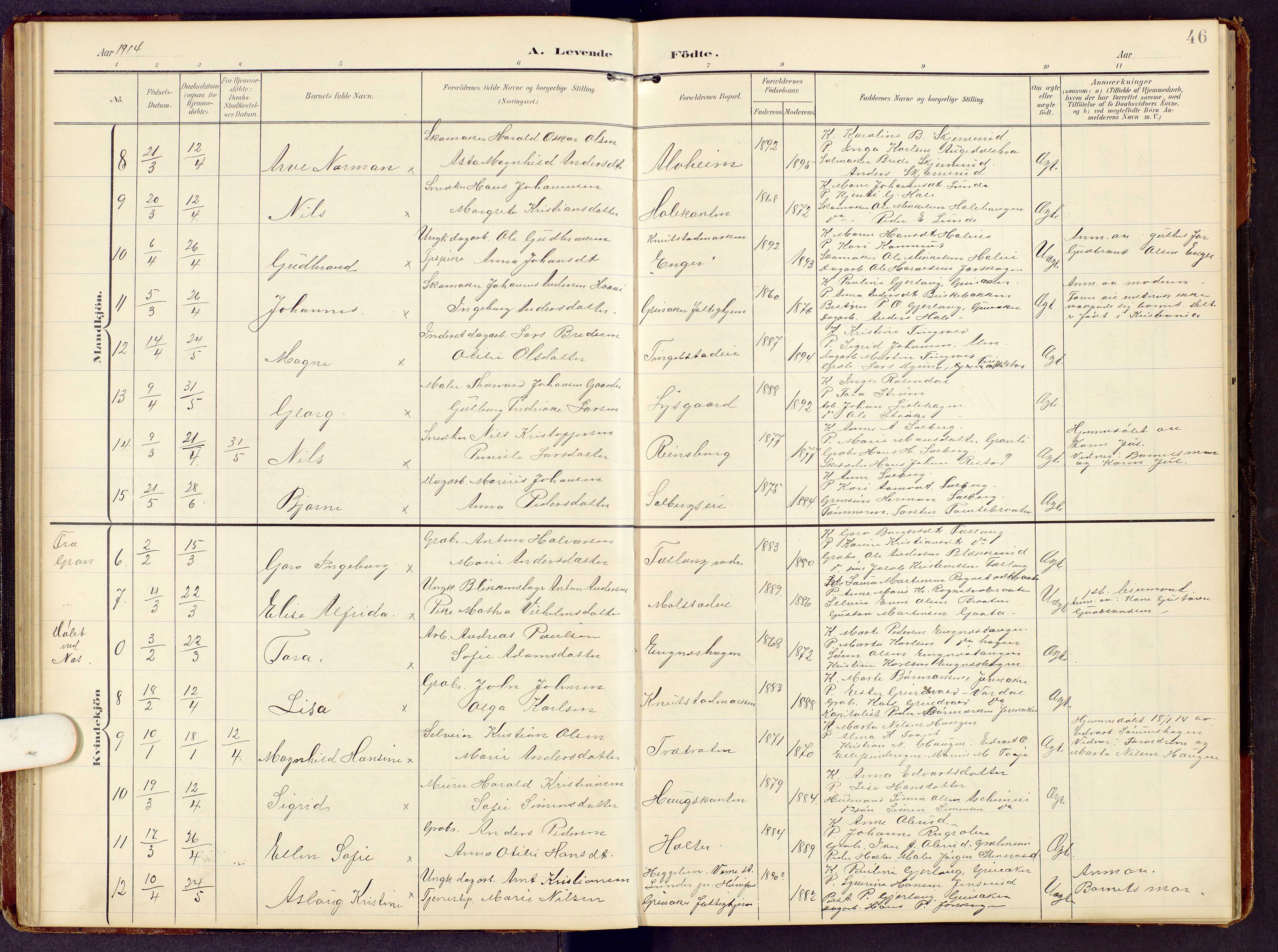 Brandbu prestekontor, SAH/PREST-114/H/Ha/Hab/L0009: Parish register (copy) no. 9, 1903-1916, p. 46