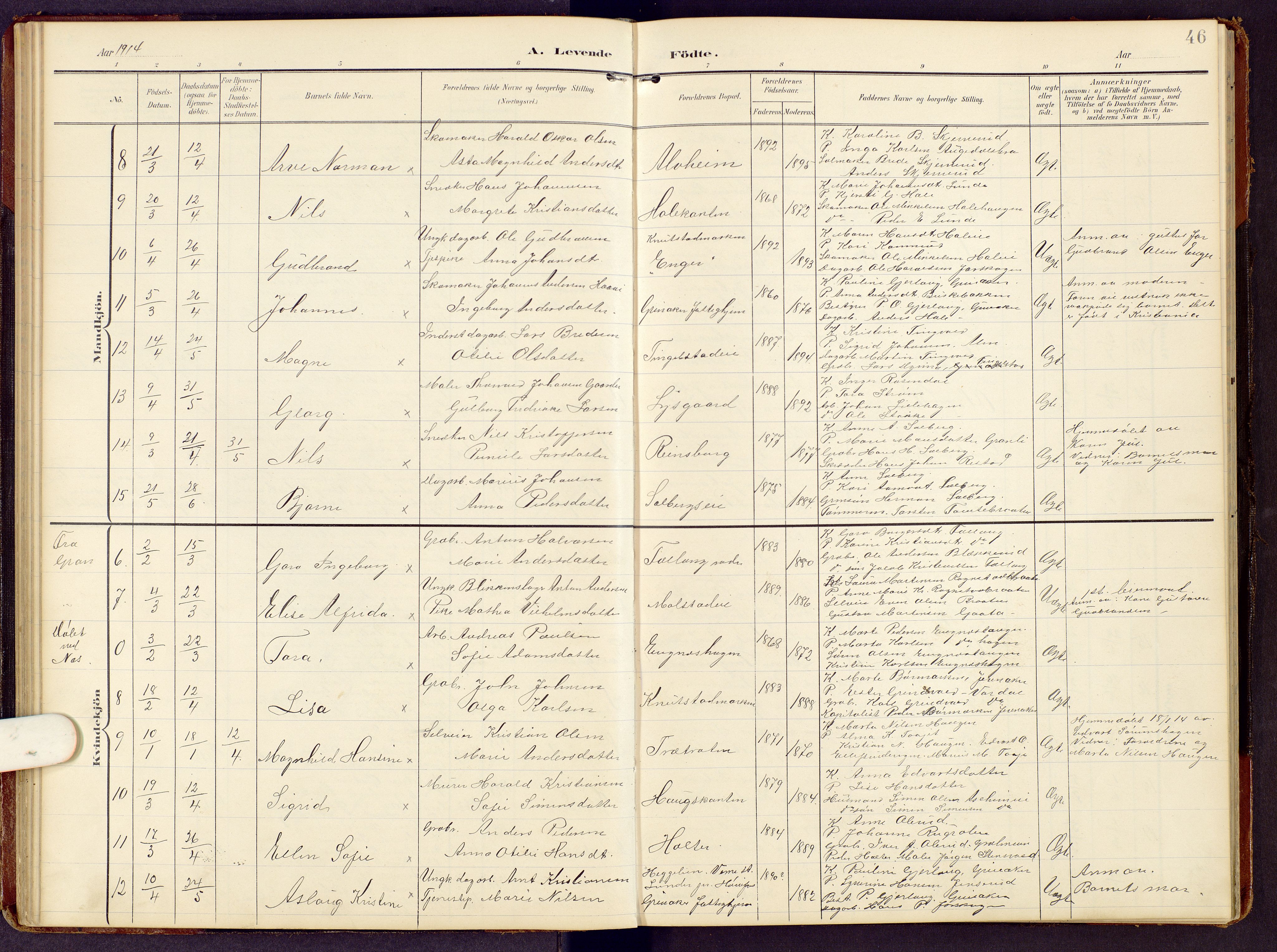 Brandbu prestekontor, AV/SAH-PREST-114/H/Ha/Hab/L0009: Parish register (copy) no. 9, 1903-1916, p. 46