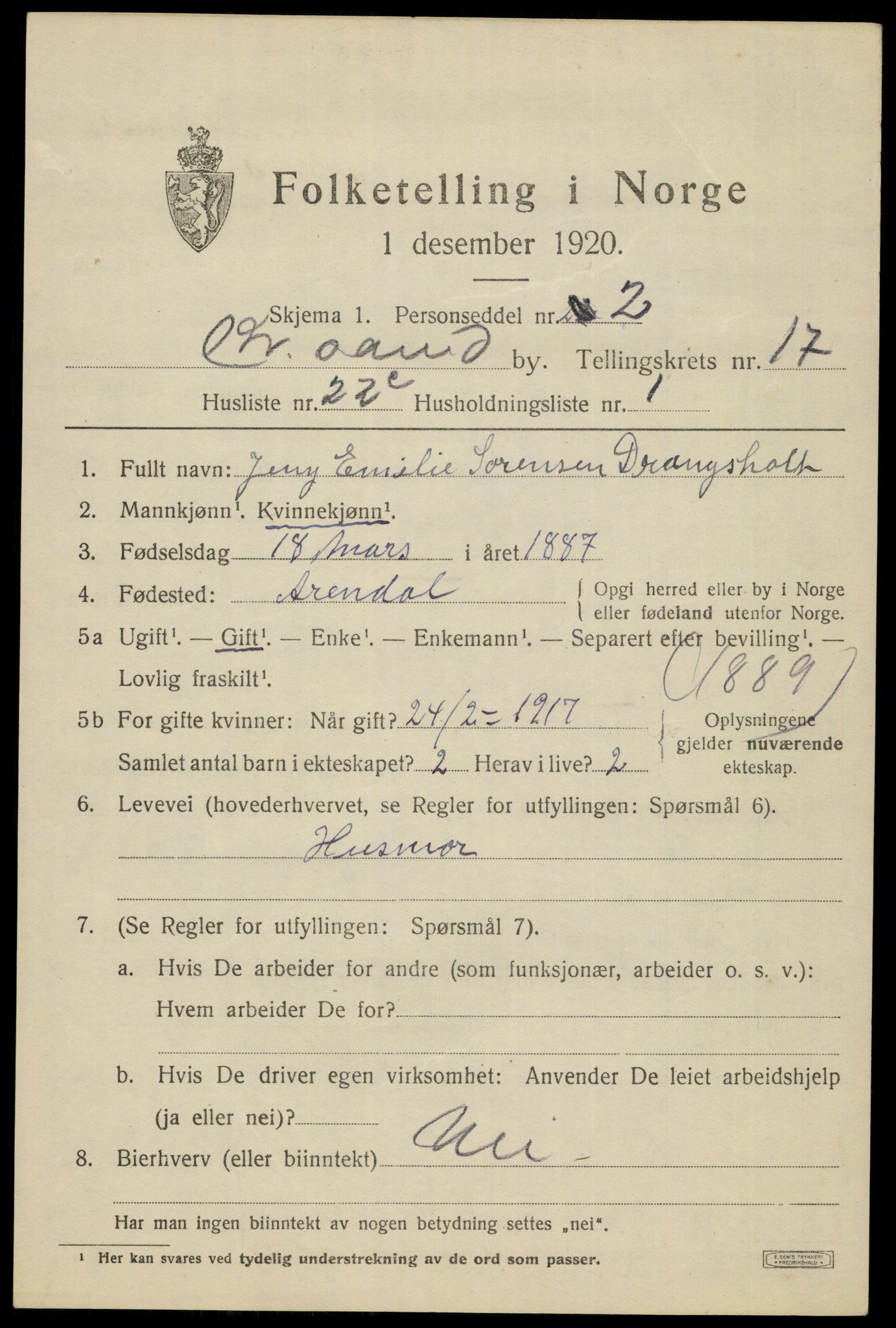 SAK, 1920 census for Kristiansand, 1920, p. 32865