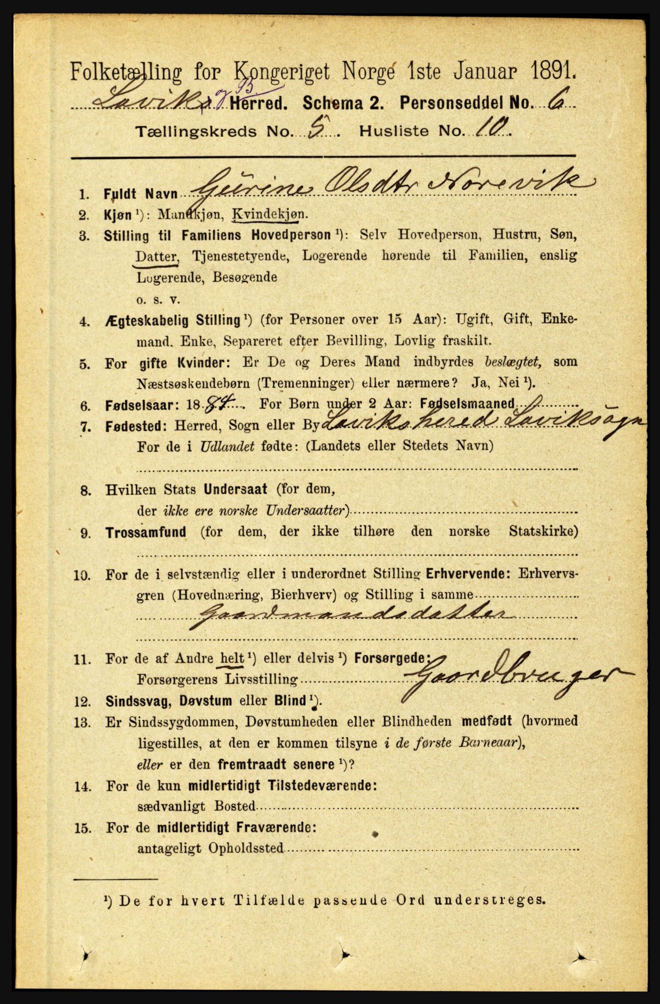 RA, 1891 census for 1415 Lavik og Brekke, 1891, p. 1036