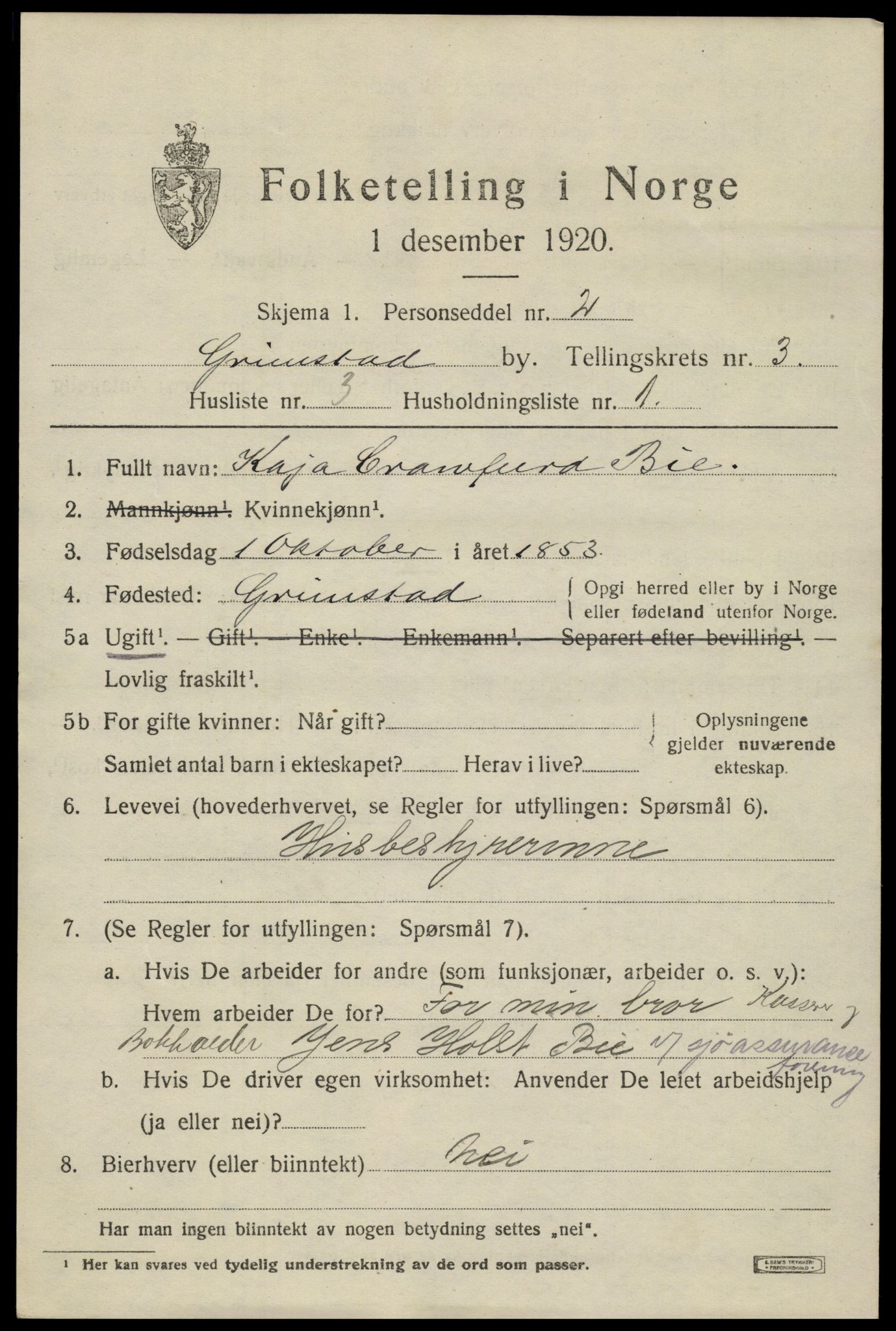 SAK, 1920 census for Grimstad, 1920, p. 4315