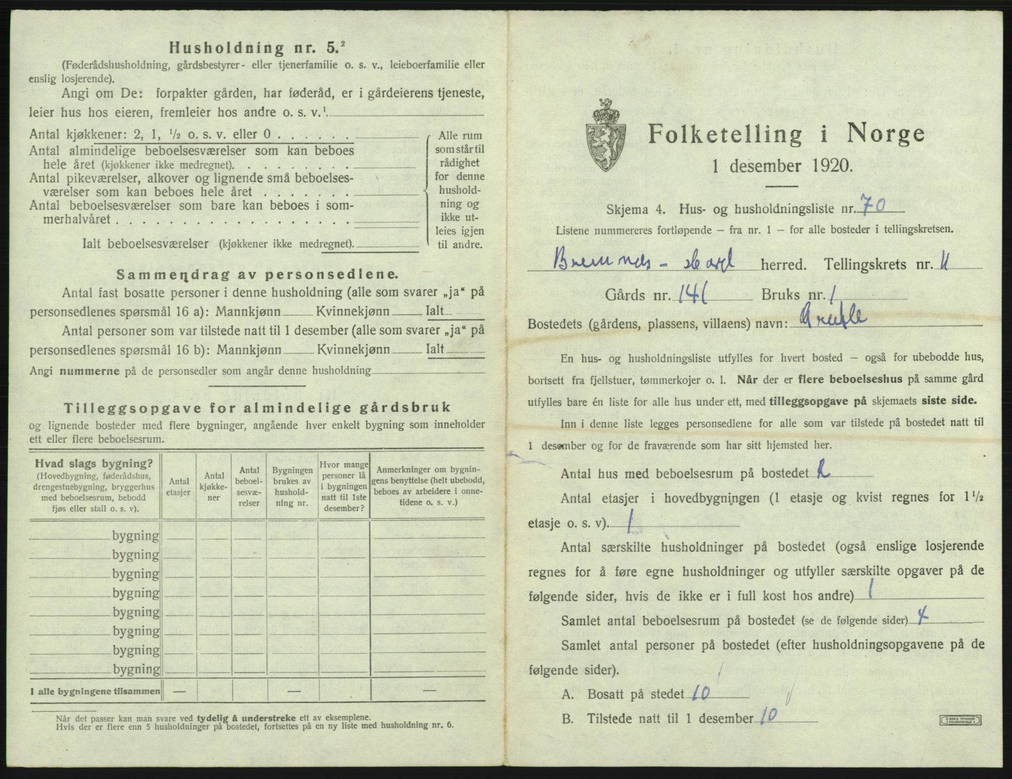 SAB, 1920 census for Bremnes, 1920, p. 1017