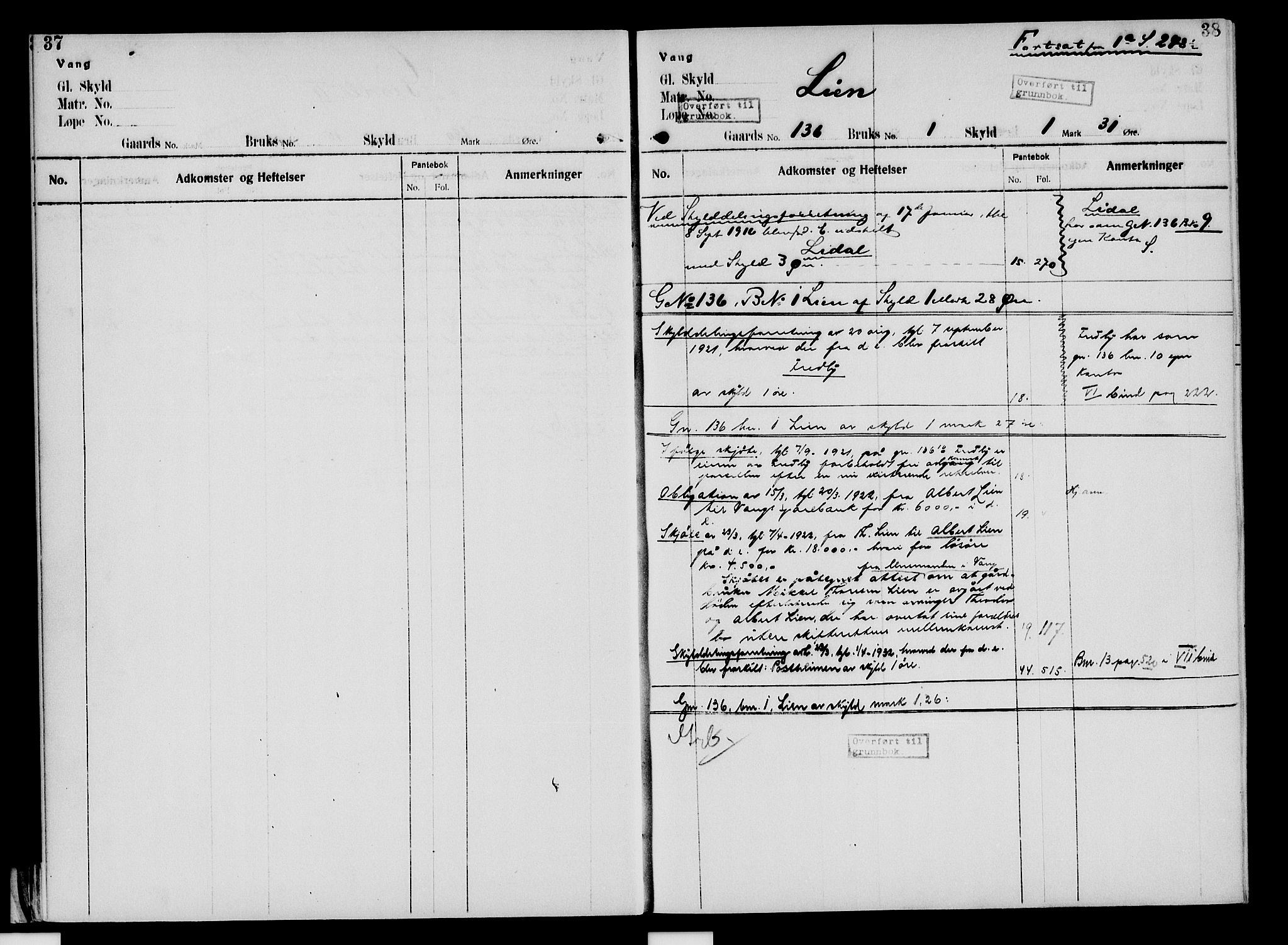 Nord-Hedmark sorenskriveri, SAH/TING-012/H/Ha/Had/Hade/L0005: Mortgage register no. 4.5, 1916-1940, p. 37-38