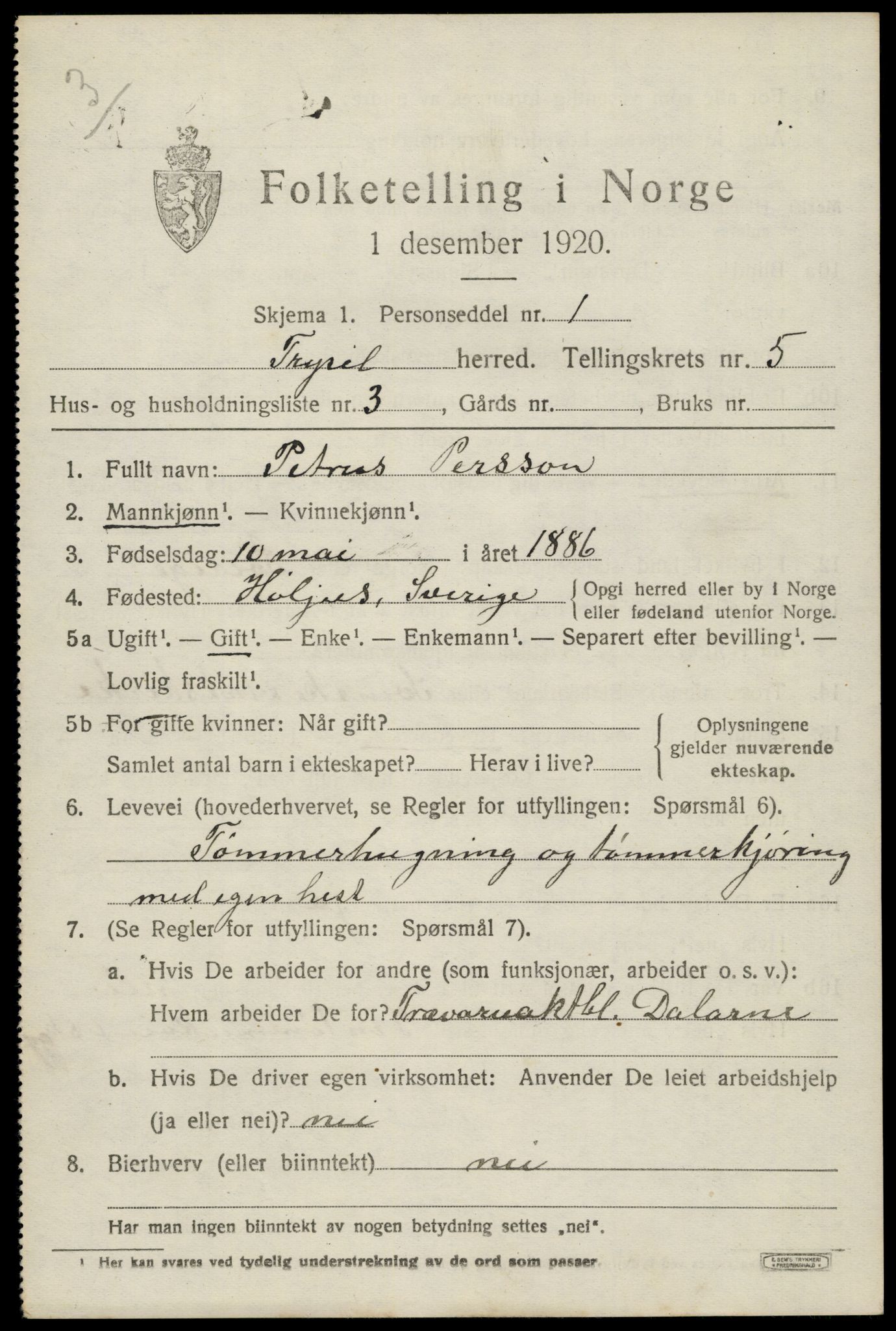 SAH, 1920 census for Trysil, 1920, p. 4339