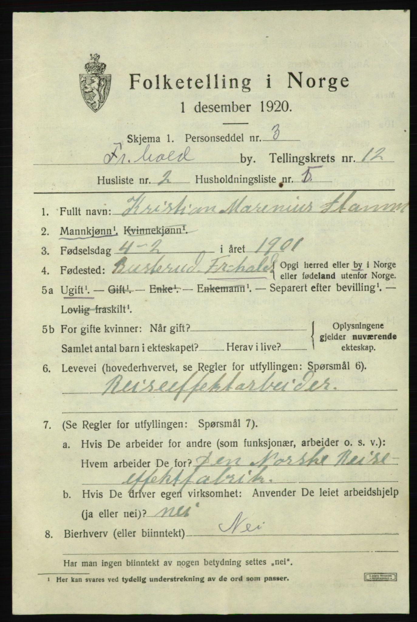 SAO, 1920 census for Fredrikshald, 1920, p. 19883