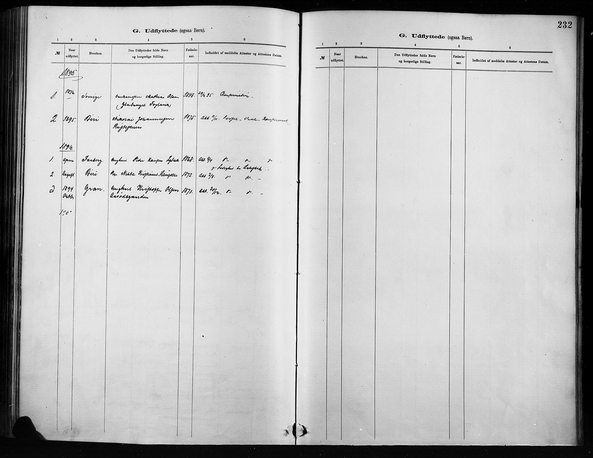 Nordre Land prestekontor, SAH/PREST-124/H/Ha/Haa/L0004: Parish register (official) no. 4, 1882-1896, p. 232