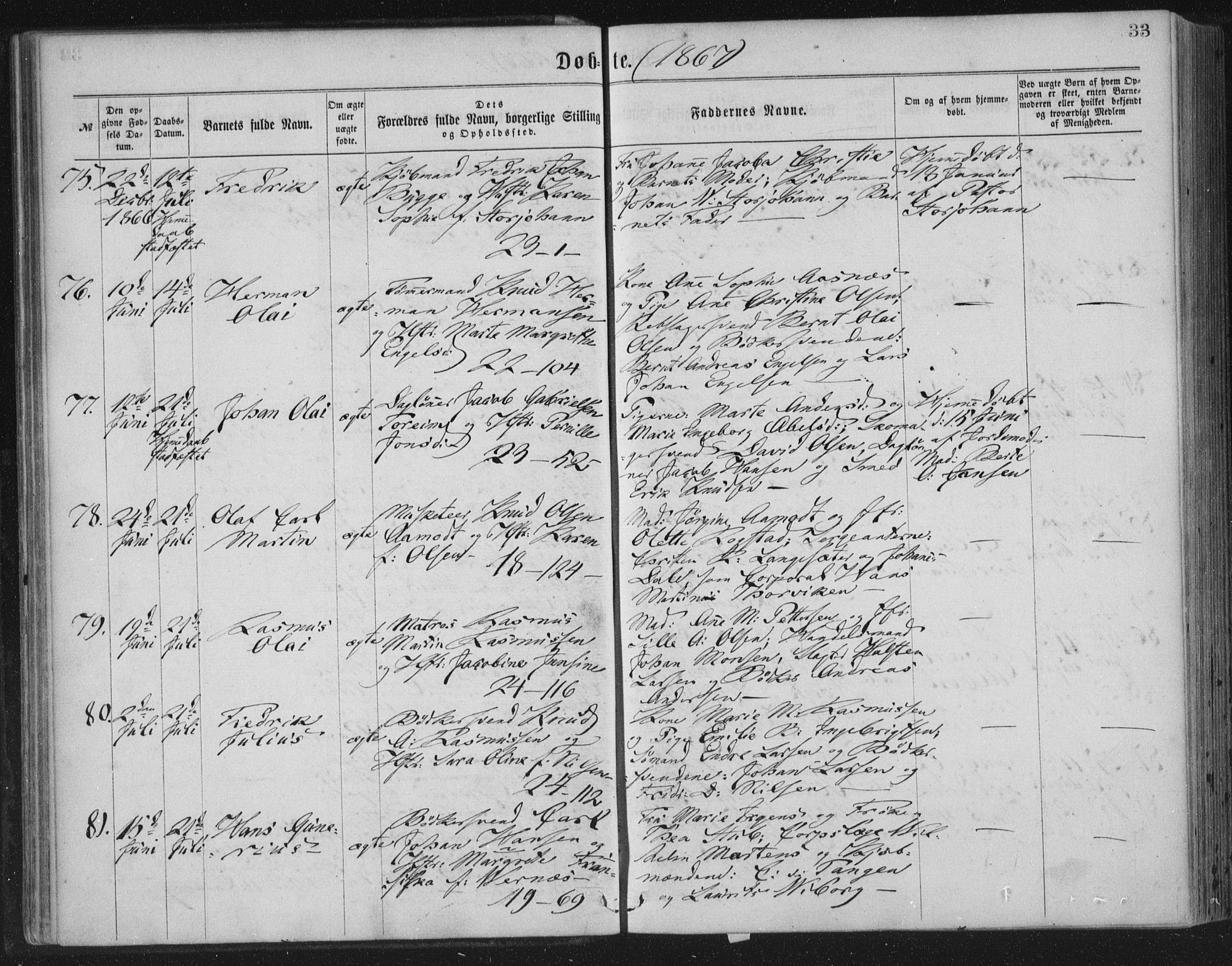 Korskirken sokneprestembete, SAB/A-76101/H/Haa/L0019: Parish register (official) no. B 5, 1866-1871, p. 33