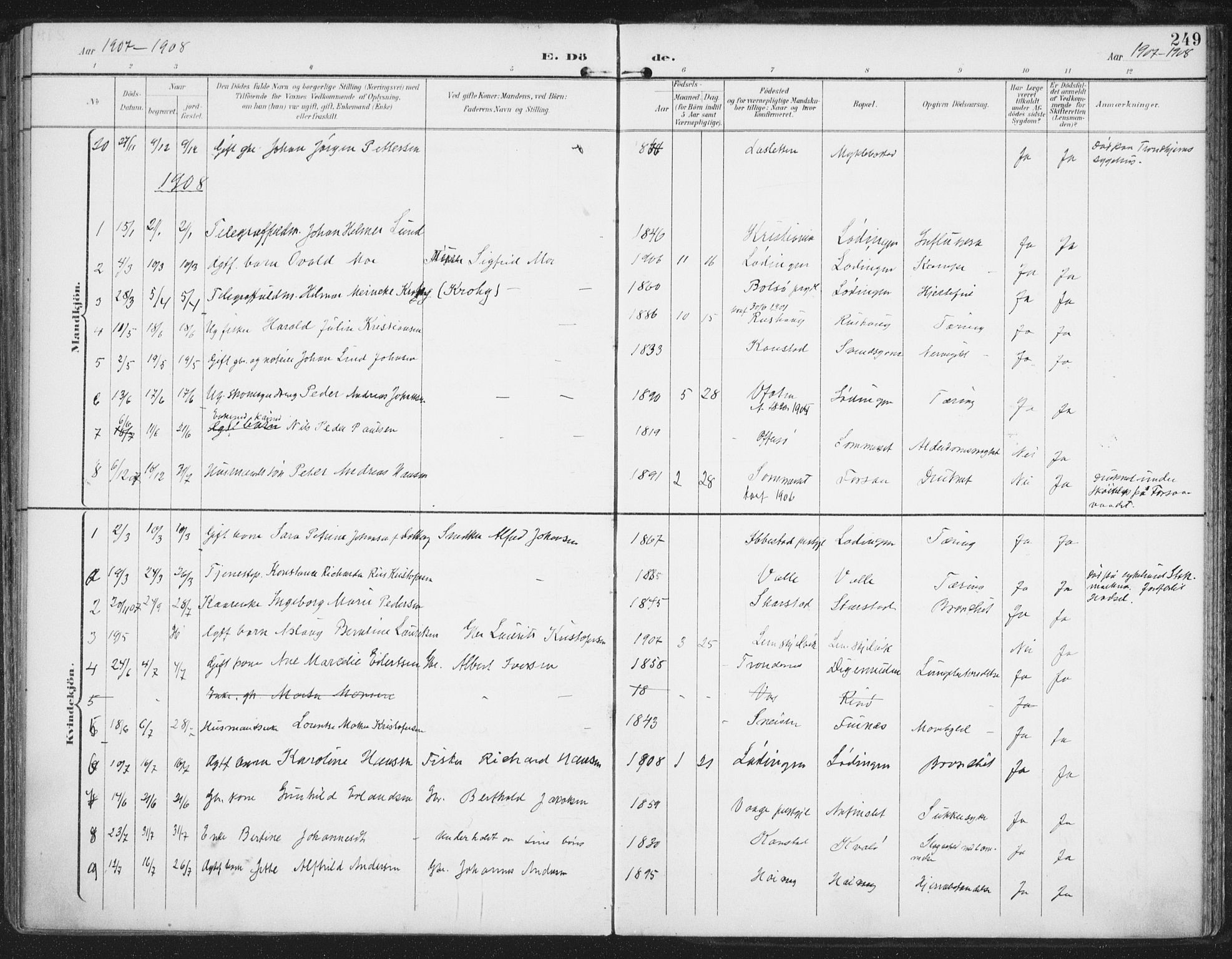 Ministerialprotokoller, klokkerbøker og fødselsregistre - Nordland, AV/SAT-A-1459/872/L1036: Parish register (official) no. 872A11, 1897-1913, p. 249