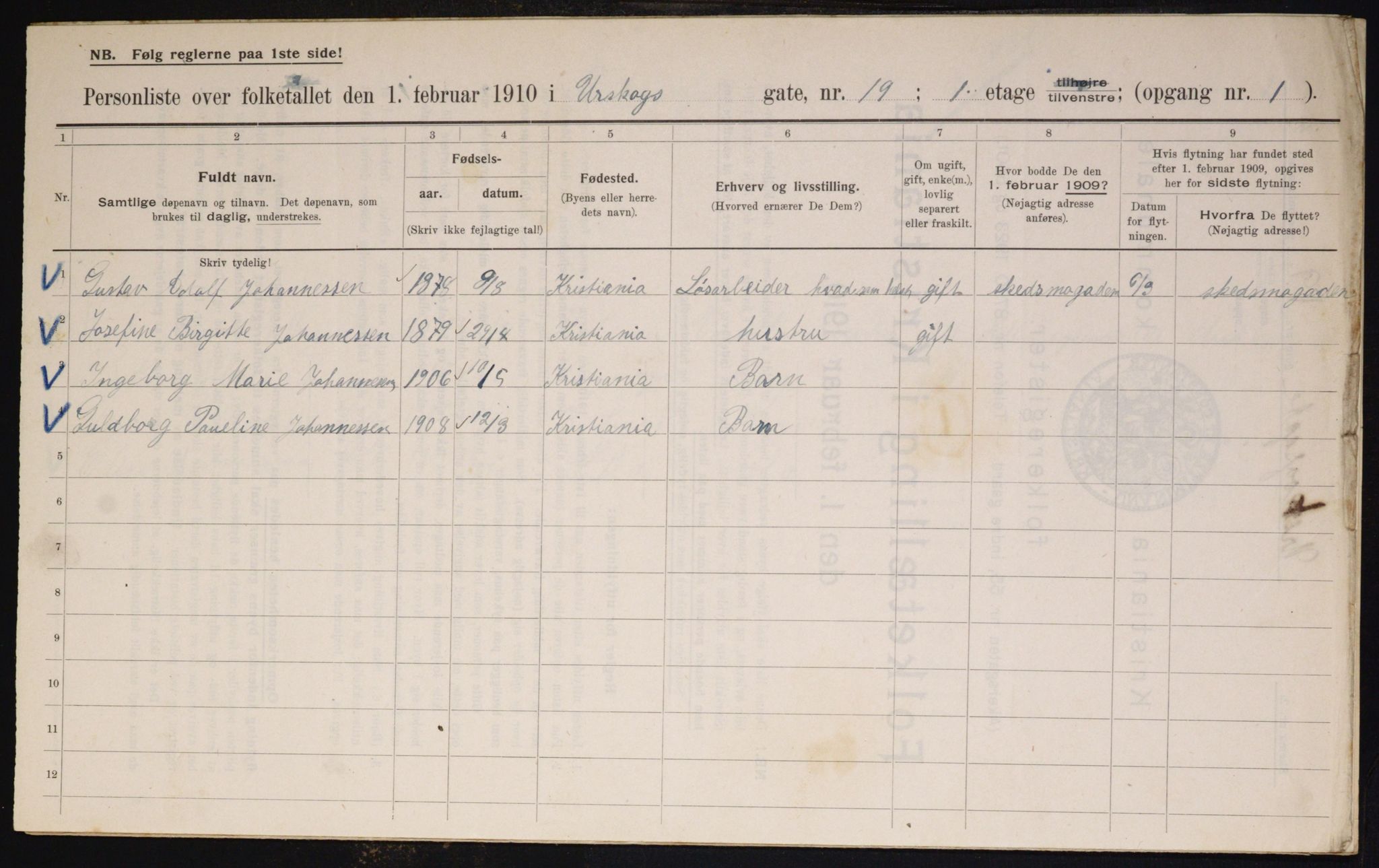 OBA, Municipal Census 1910 for Kristiania, 1910, p. 2520