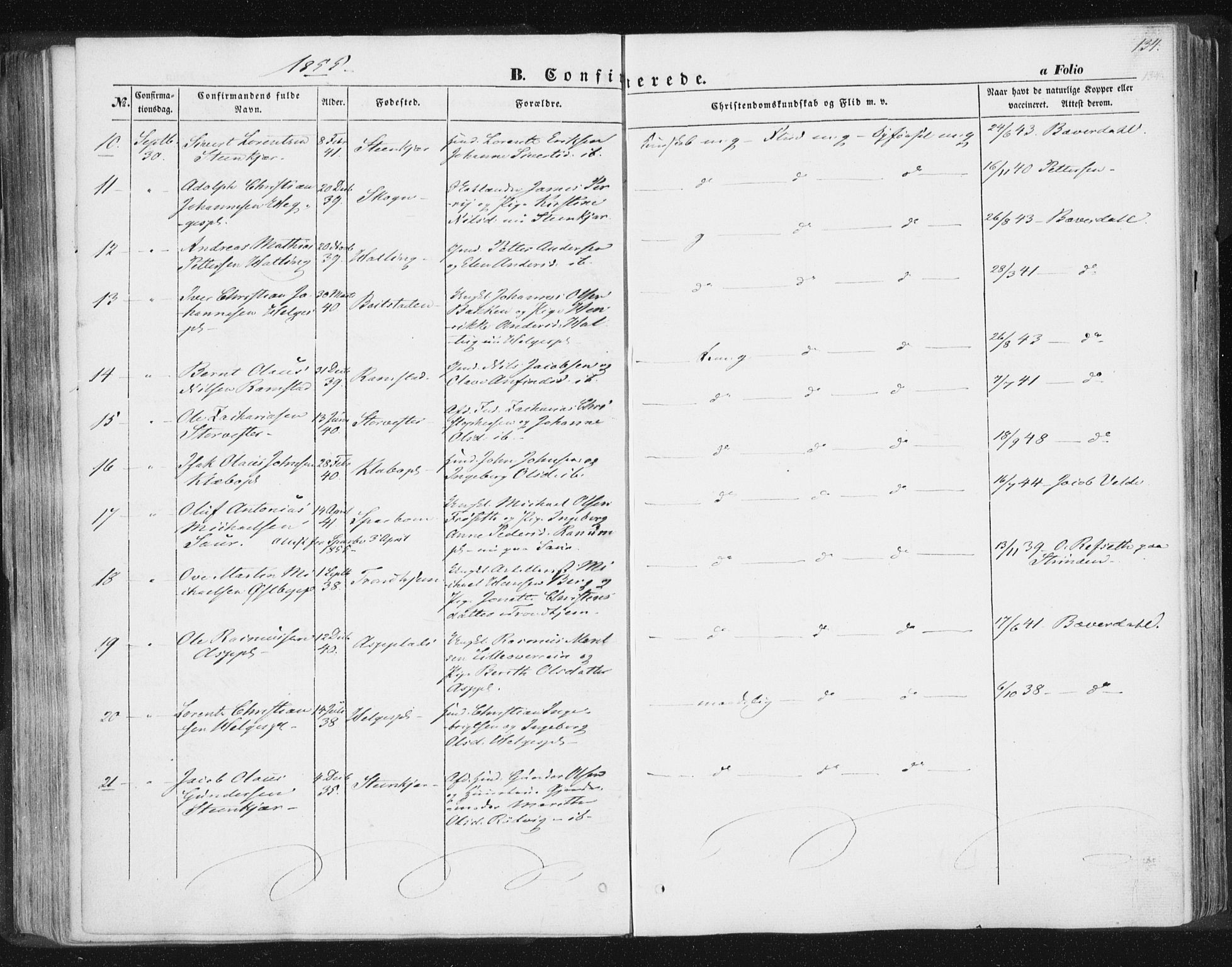 Ministerialprotokoller, klokkerbøker og fødselsregistre - Nord-Trøndelag, AV/SAT-A-1458/746/L0446: Parish register (official) no. 746A05, 1846-1859, p. 134