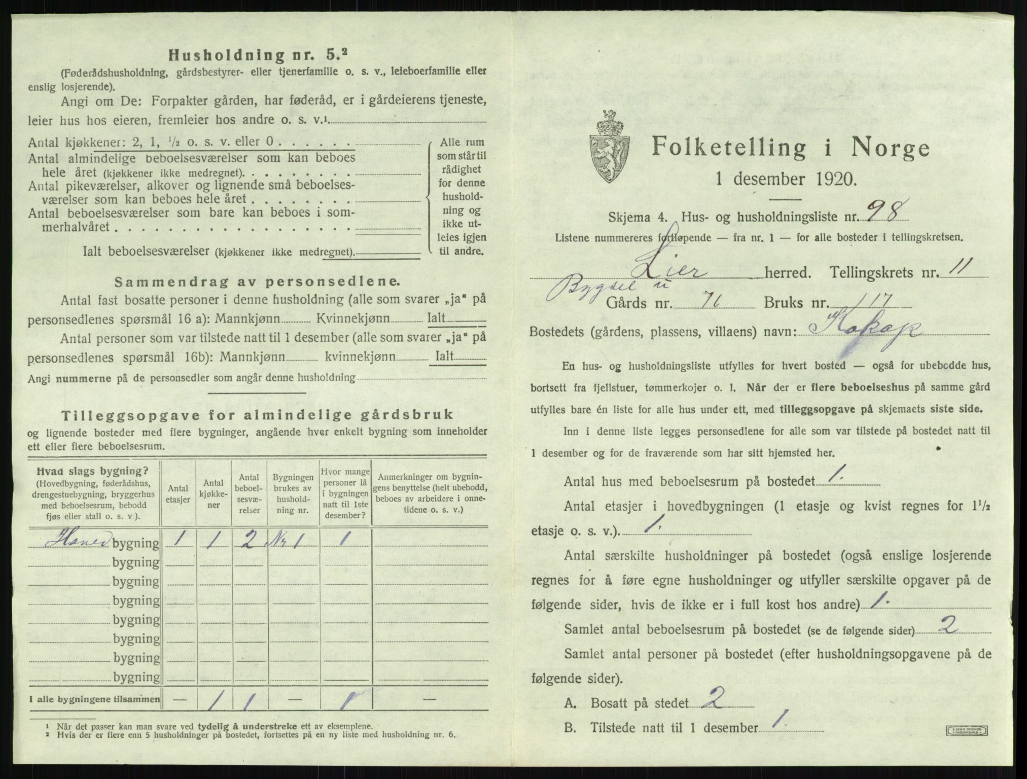 SAKO, 1920 census for Lier, 1920, p. 2003