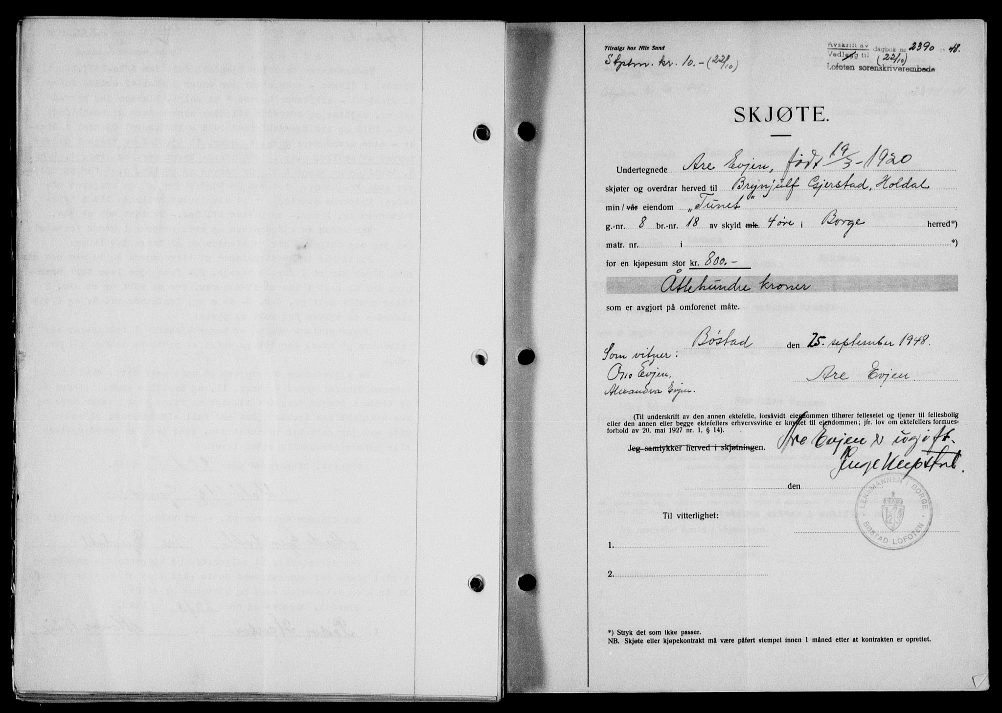 Lofoten sorenskriveri, SAT/A-0017/1/2/2C/L0019a: Mortgage book no. 19a, 1948-1948, Diary no: : 2390/1948