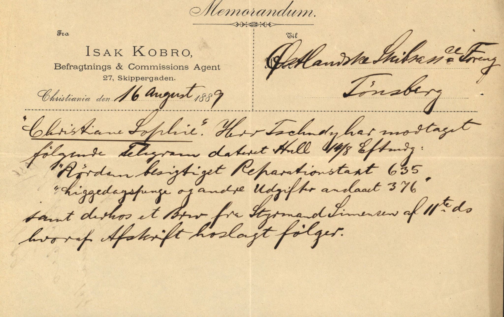 Pa 63 - Østlandske skibsassuranceforening, VEMU/A-1079/G/Ga/L0023/0012: Havaridokumenter / Columbus, Christiane Sophie, Marie, Jarlen, Kong Carl XV, 1889, p. 33