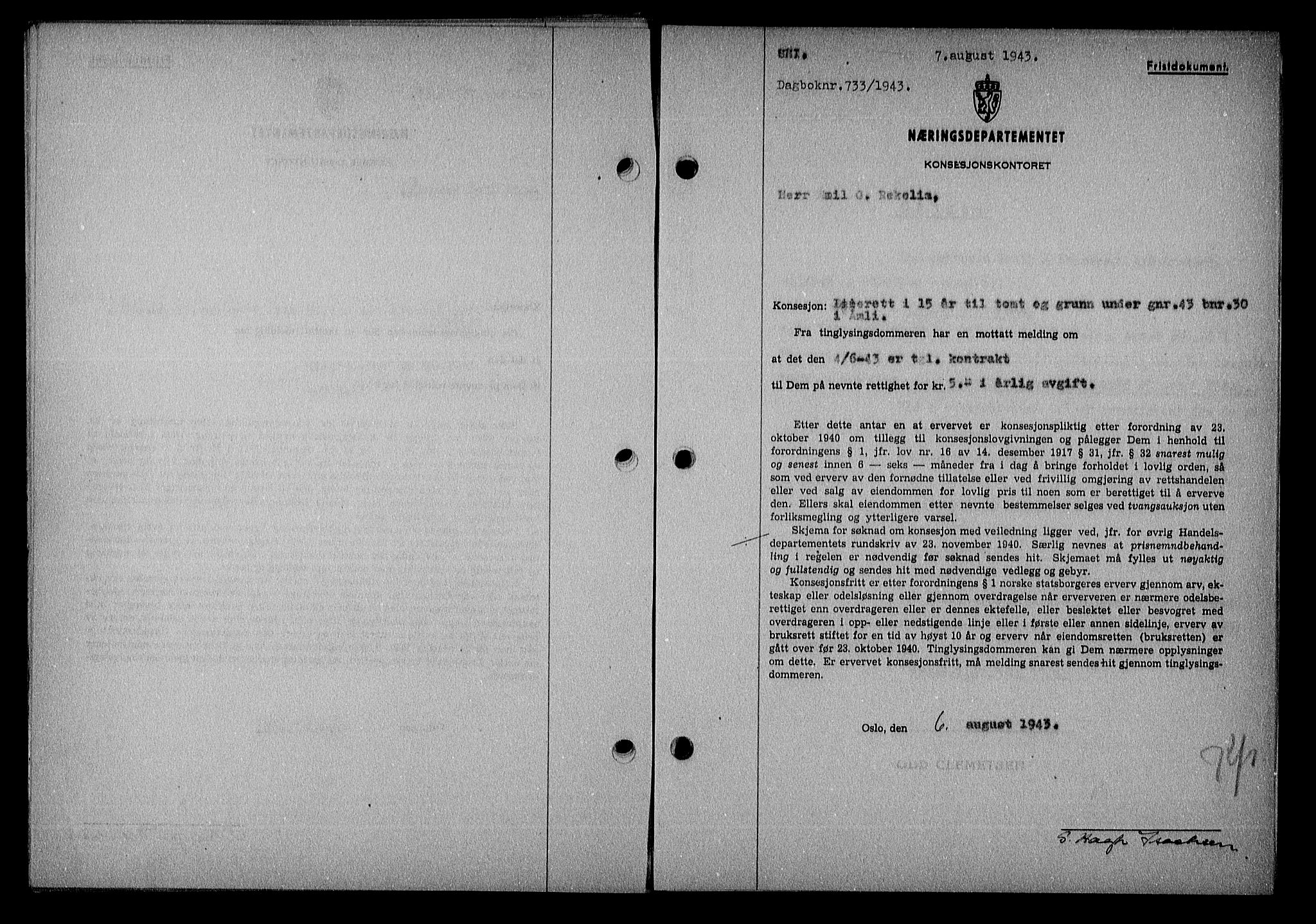 Nedenes sorenskriveri, SAK/1221-0006/G/Gb/Gba/L0051: Mortgage book no. A-V, 1943-1944, Diary no: : 733/1943