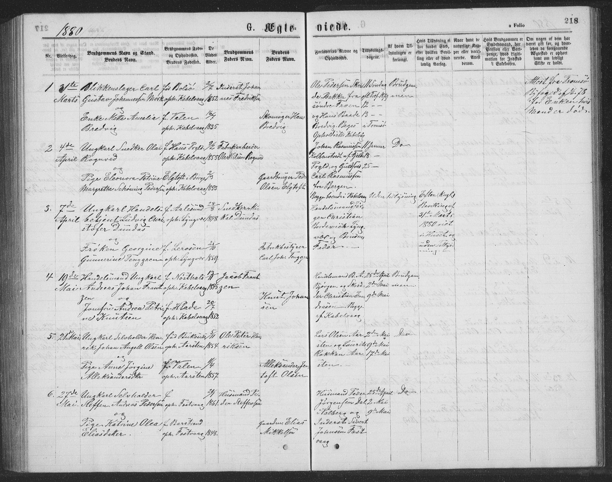 Ministerialprotokoller, klokkerbøker og fødselsregistre - Nordland, SAT/A-1459/874/L1075: Parish register (copy) no. 874C04, 1876-1883, p. 218