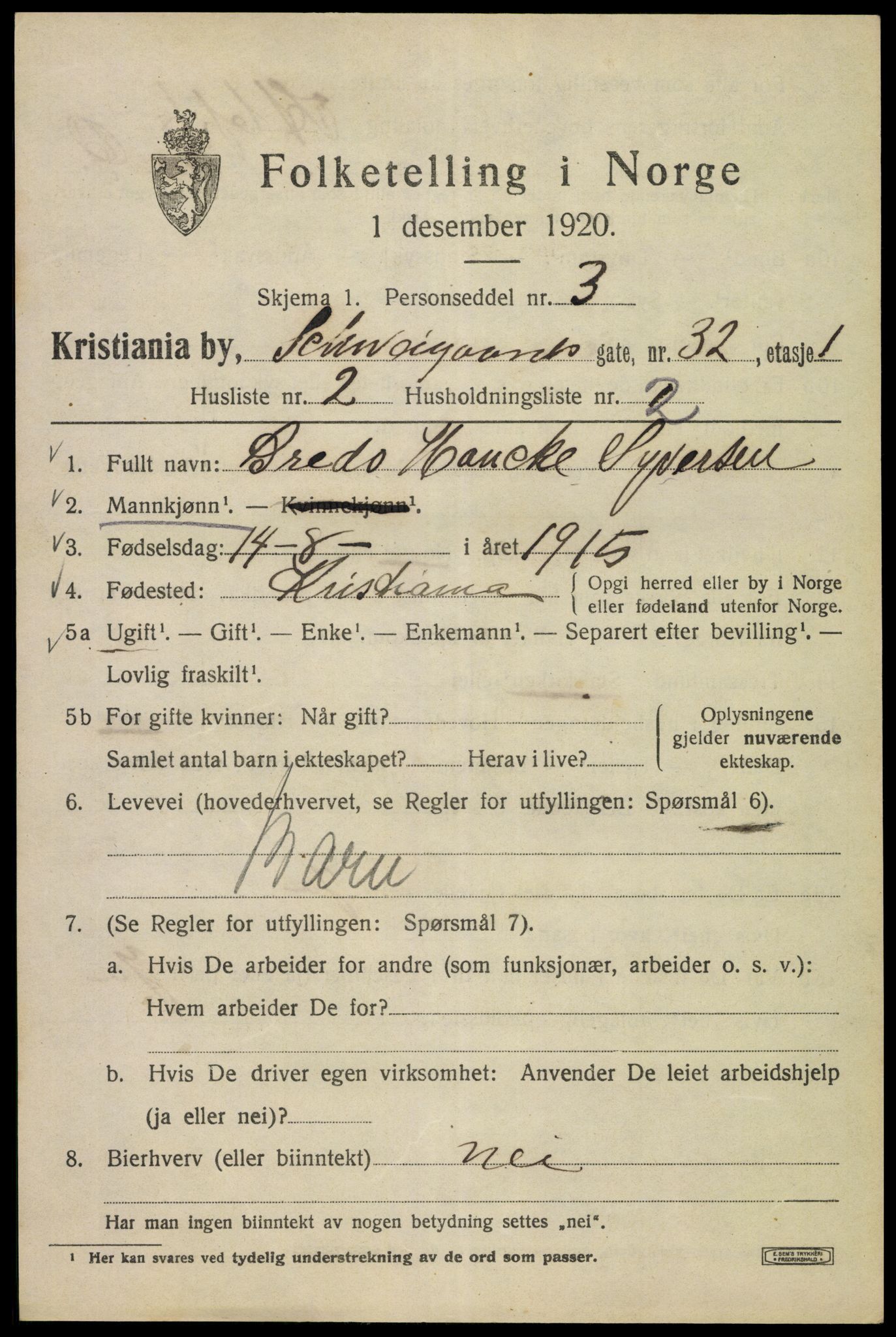 SAO, 1920 census for Kristiania, 1920, p. 492485