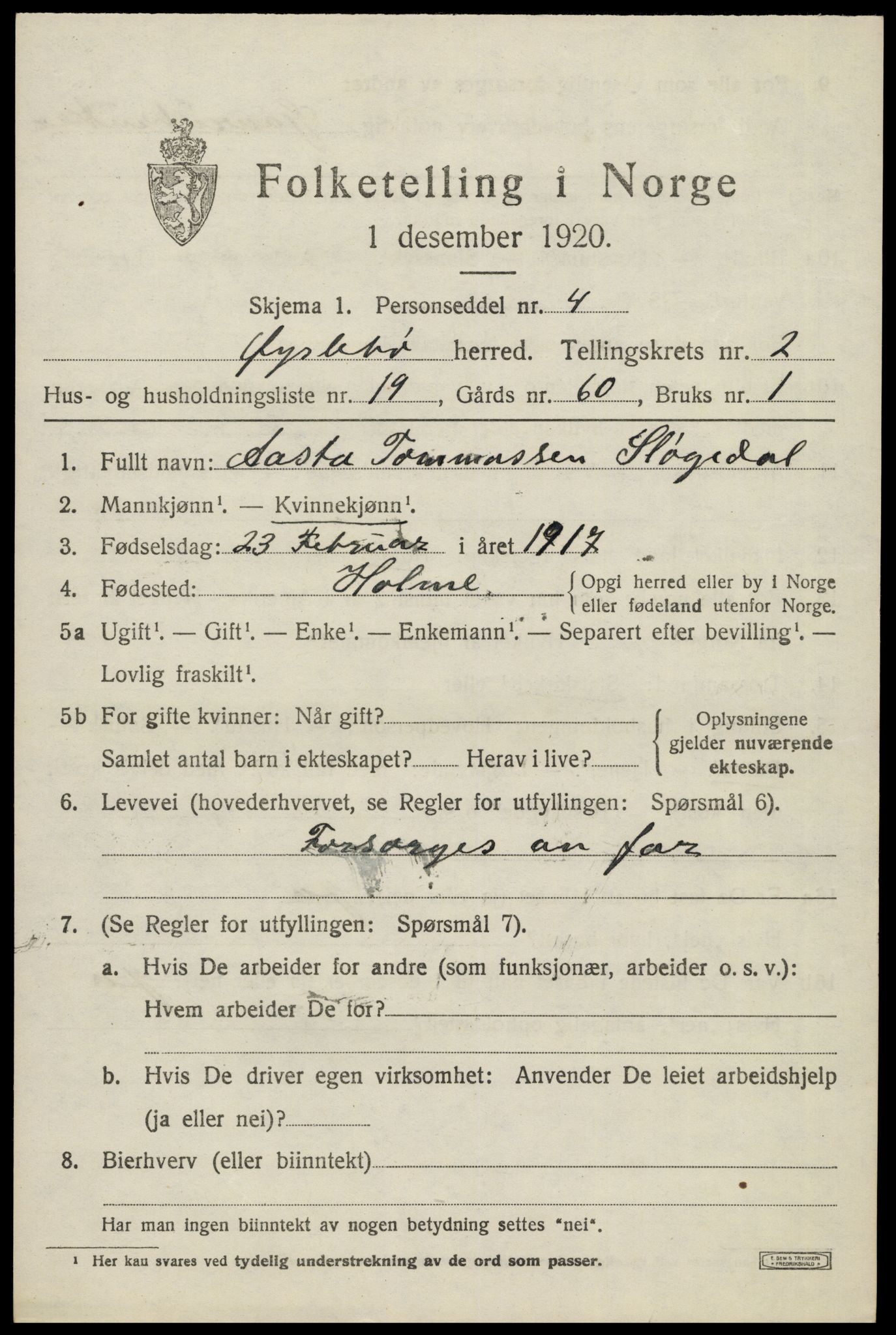 SAK, 1920 census for Øyslebø, 1920, p. 900