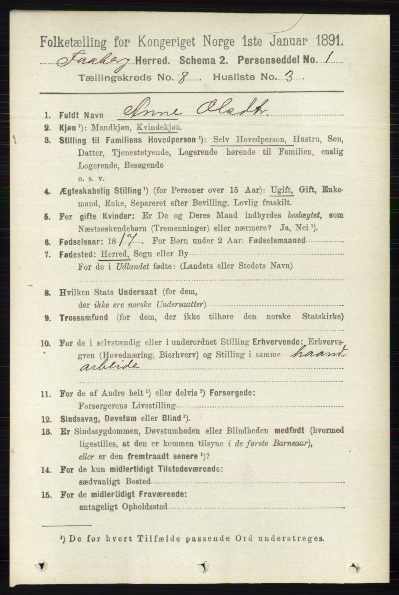 RA, 1891 census for 0524 Fåberg, 1891, p. 3425