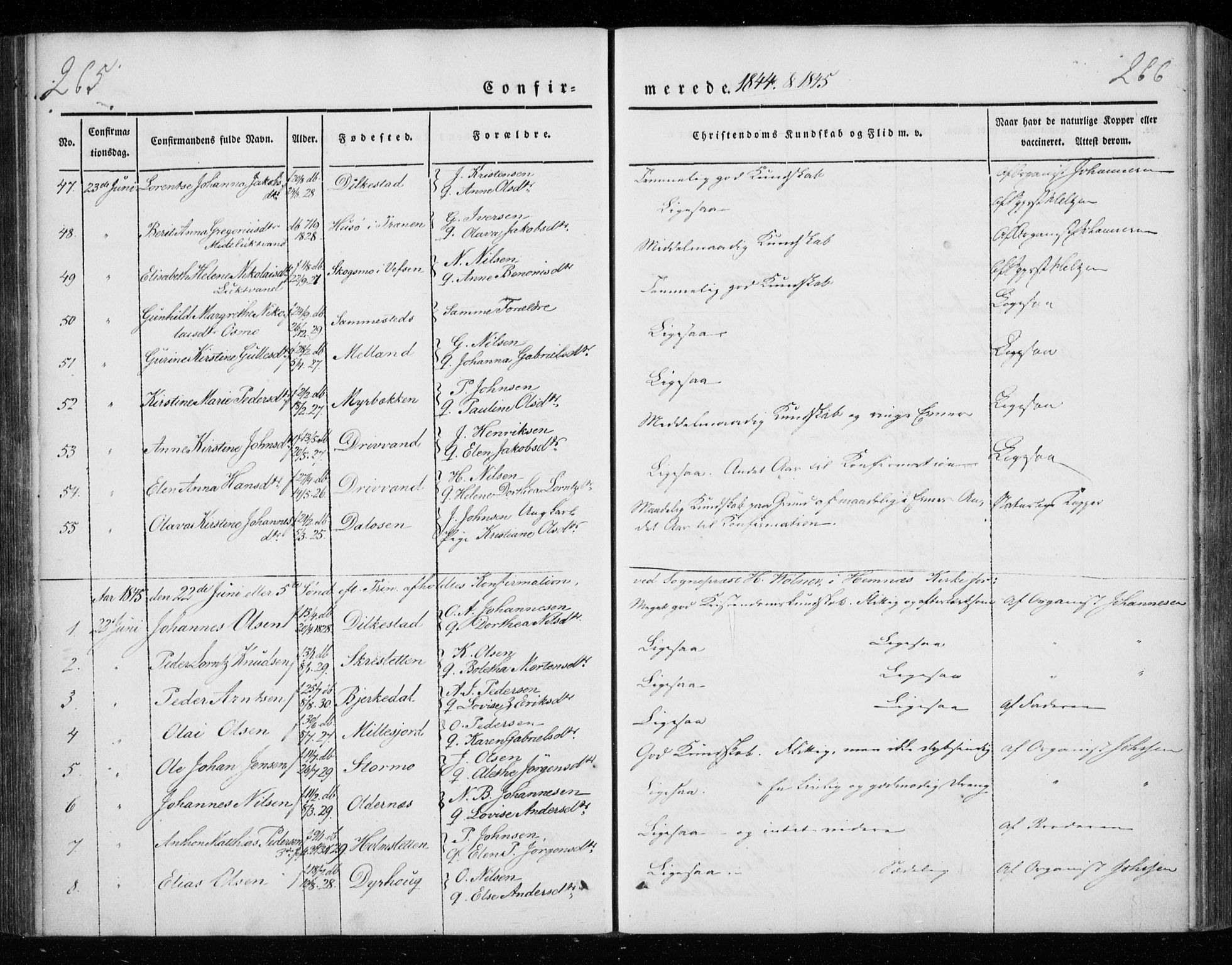 Ministerialprotokoller, klokkerbøker og fødselsregistre - Nordland, AV/SAT-A-1459/825/L0355: Parish register (official) no. 825A09, 1842-1863, p. 265-266