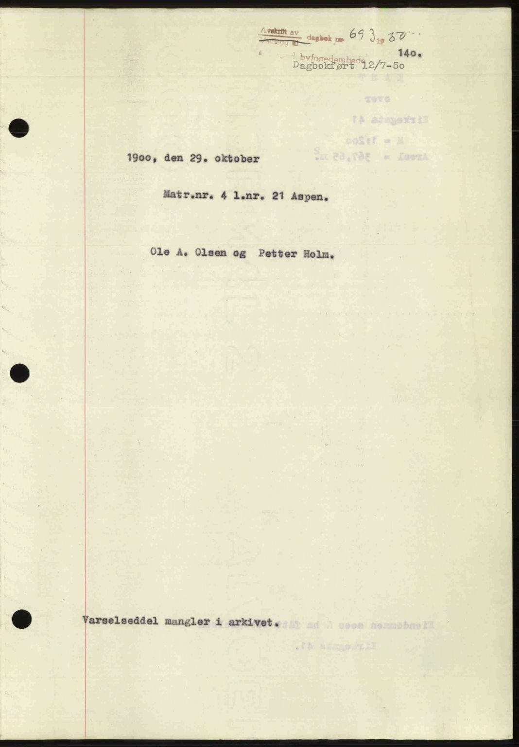 Ålesund byfogd, AV/SAT-A-4384: Mortgage book no. 37A (2), 1949-1950, Diary no: : 693/1950