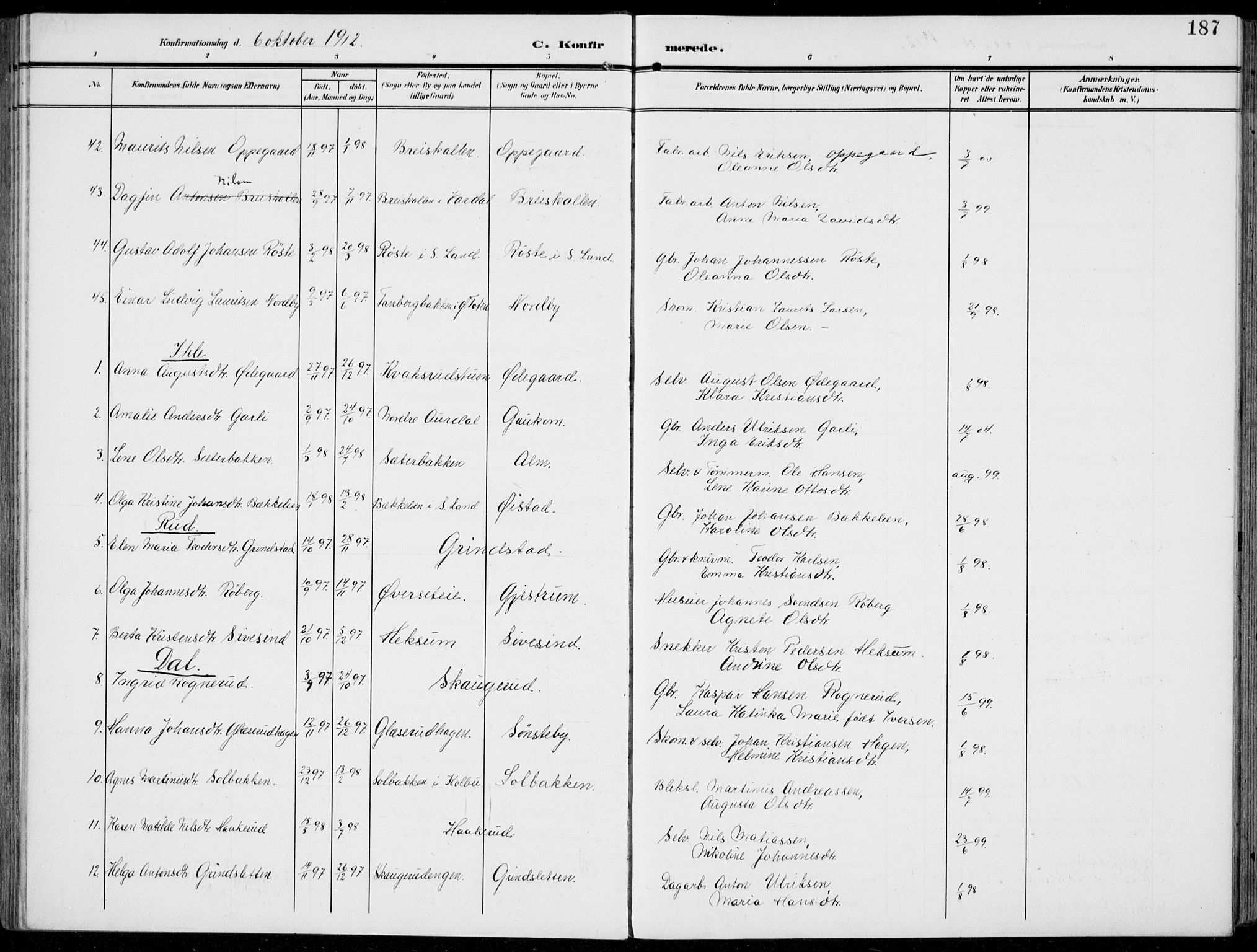 Vestre Toten prestekontor, AV/SAH-PREST-108/H/Ha/Haa/L0014: Parish register (official) no. 14, 1907-1920, p. 187