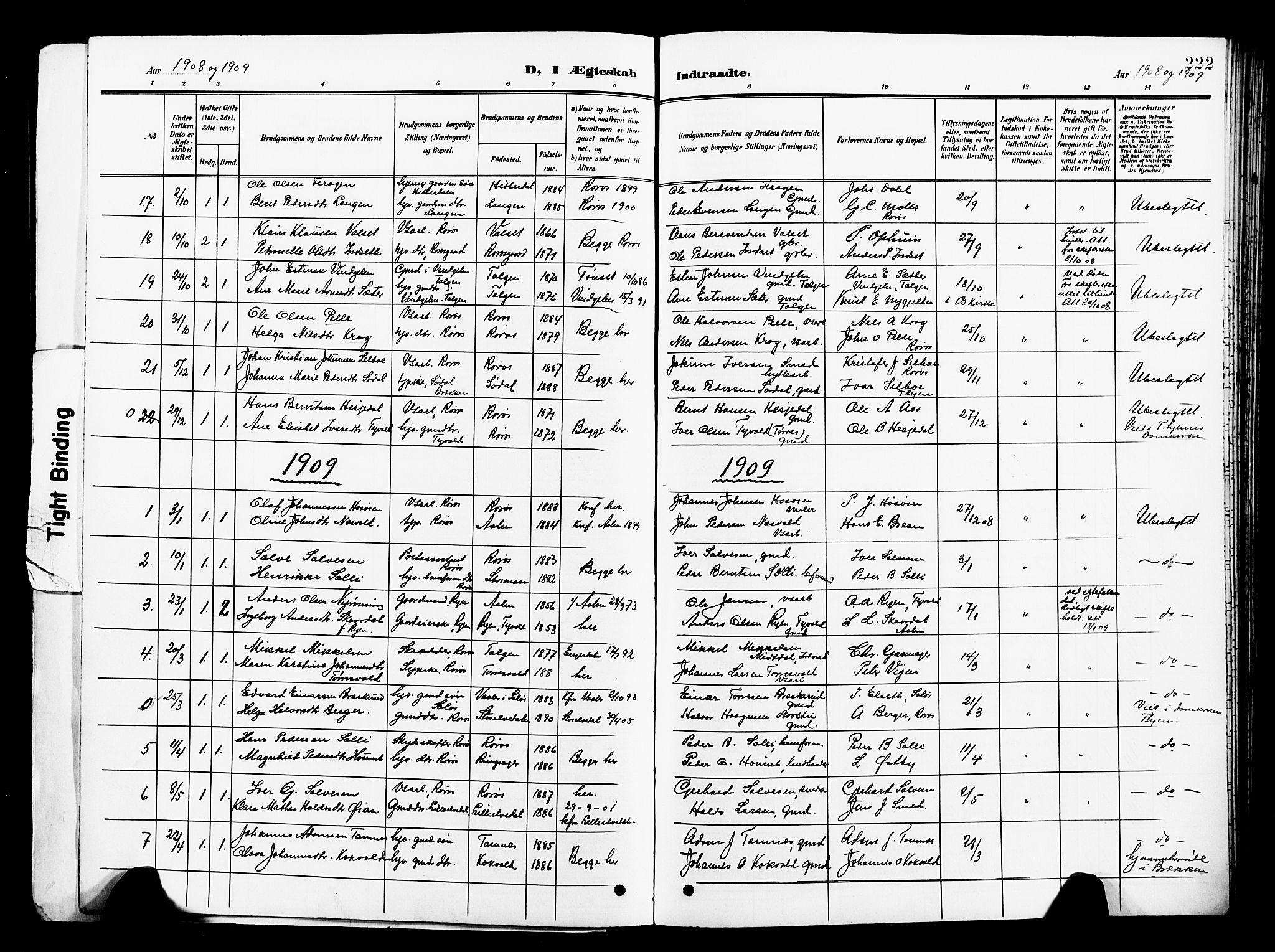 Ministerialprotokoller, klokkerbøker og fødselsregistre - Sør-Trøndelag, SAT/A-1456/681/L0942: Parish register (copy) no. 681C06, 1906-1925, p. 222