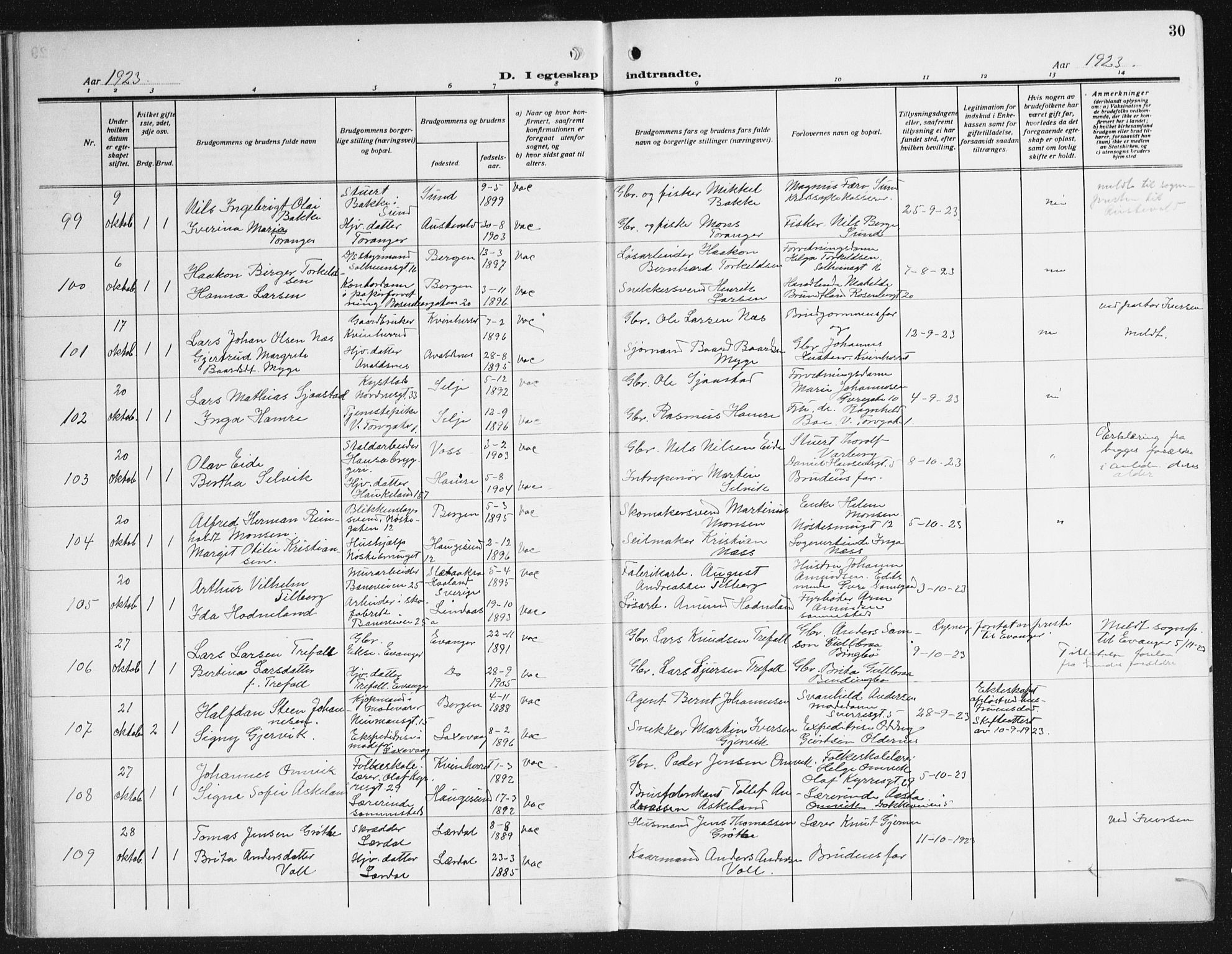 Domkirken sokneprestembete, AV/SAB-A-74801/H/Haa/L0039: Parish register (official) no. D 6, 1921-1937, p. 30