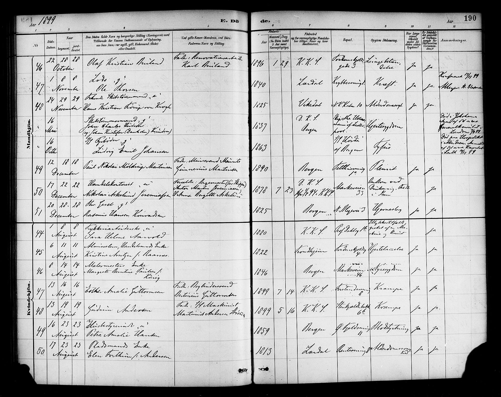 Korskirken sokneprestembete, SAB/A-76101/H/Haa/L0047: Parish register (official) no. E 5, 1884-1910, p. 190