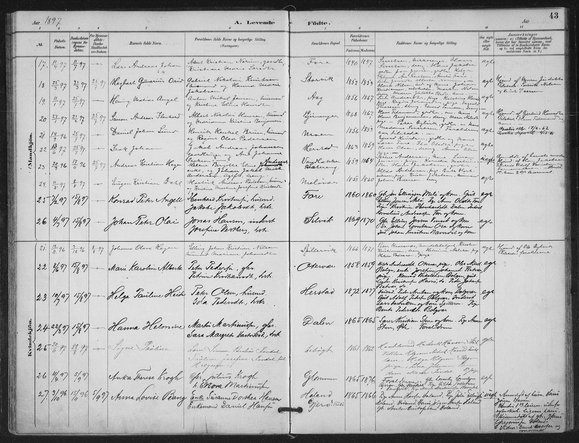 Ministerialprotokoller, klokkerbøker og fødselsregistre - Nordland, AV/SAT-A-1459/843/L0628: Parish register (official) no. 843A03, 1889-1907, p. 43