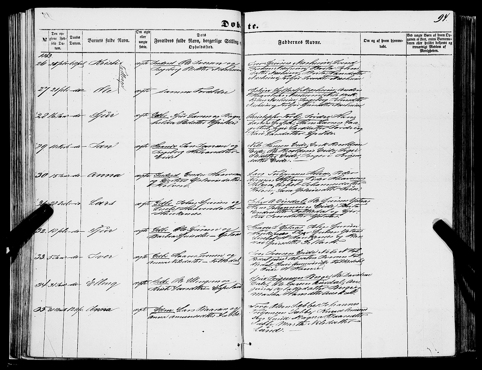 Ulvik sokneprestembete, SAB/A-78801/H/Haa: Parish register (official) no. A 13, 1853-1863, p. 94