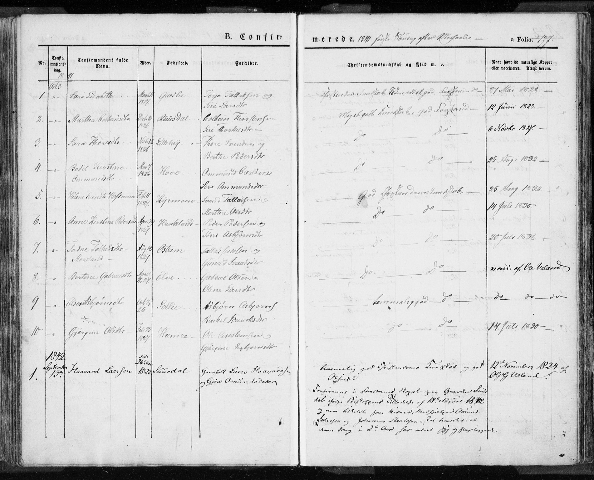 Lund sokneprestkontor, SAST/A-101809/S06/L0007: Parish register (official) no. A 7.1, 1833-1854, p. 177