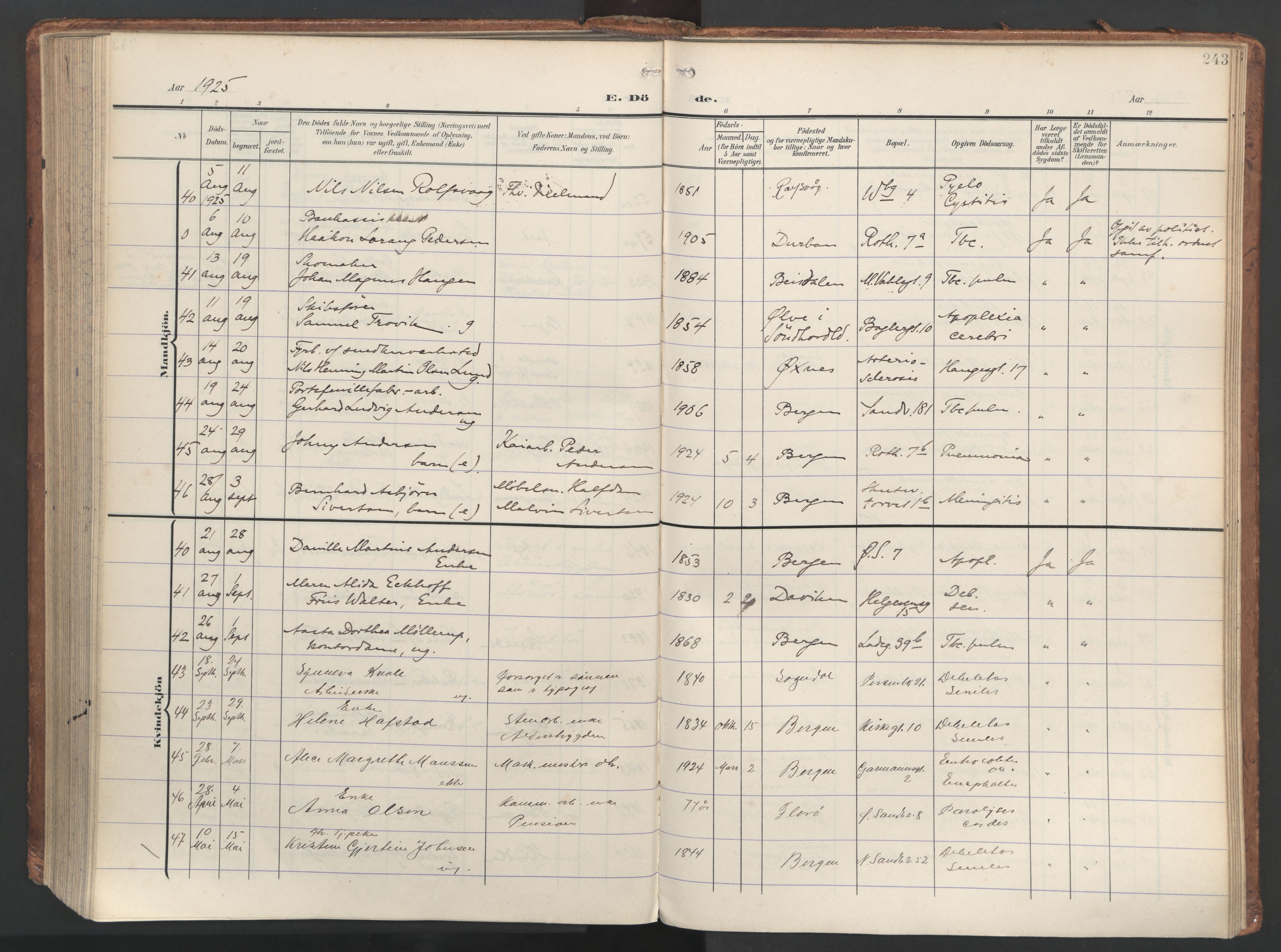 Sandviken Sokneprestembete, AV/SAB-A-77601/H/Ha/L0019: Parish register (official) no. E 2, 1905-1933, p. 243