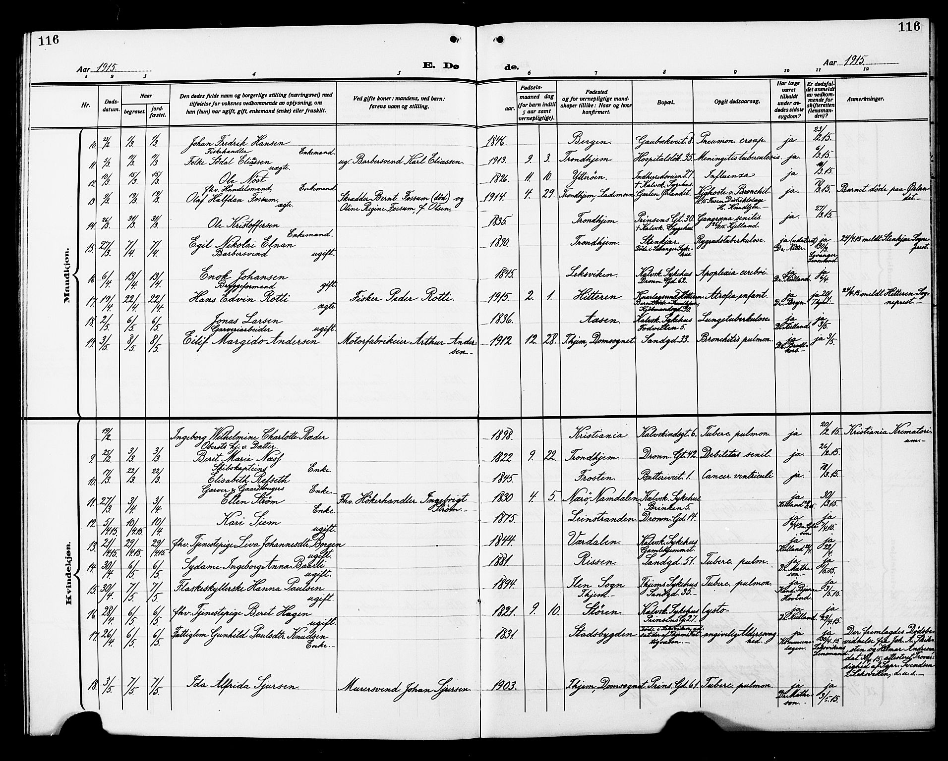 Ministerialprotokoller, klokkerbøker og fødselsregistre - Sør-Trøndelag, SAT/A-1456/602/L0147: Parish register (copy) no. 602C15, 1911-1924, p. 116
