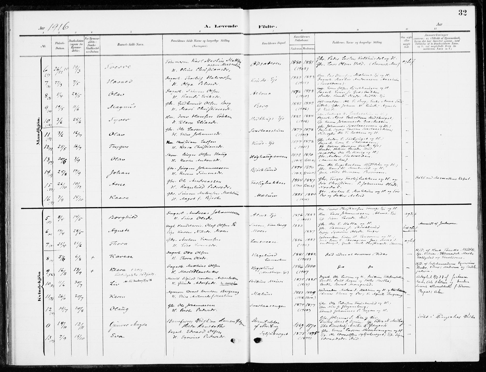 Ringsaker prestekontor, SAH/PREST-014/K/Ka/L0021: Parish register (official) no. 21, 1905-1920, p. 32
