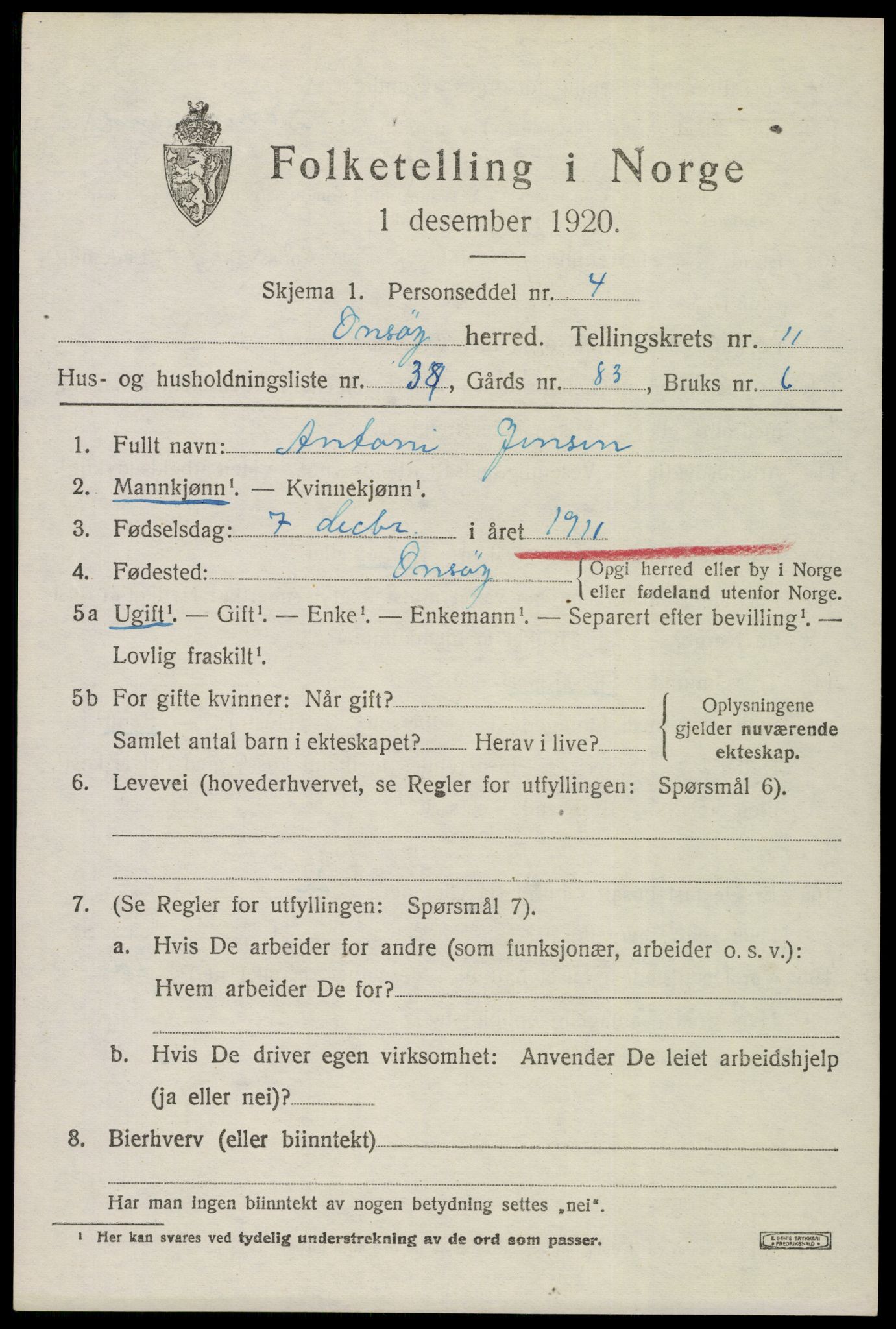 SAO, 1920 census for Onsøy, 1920, p. 14758