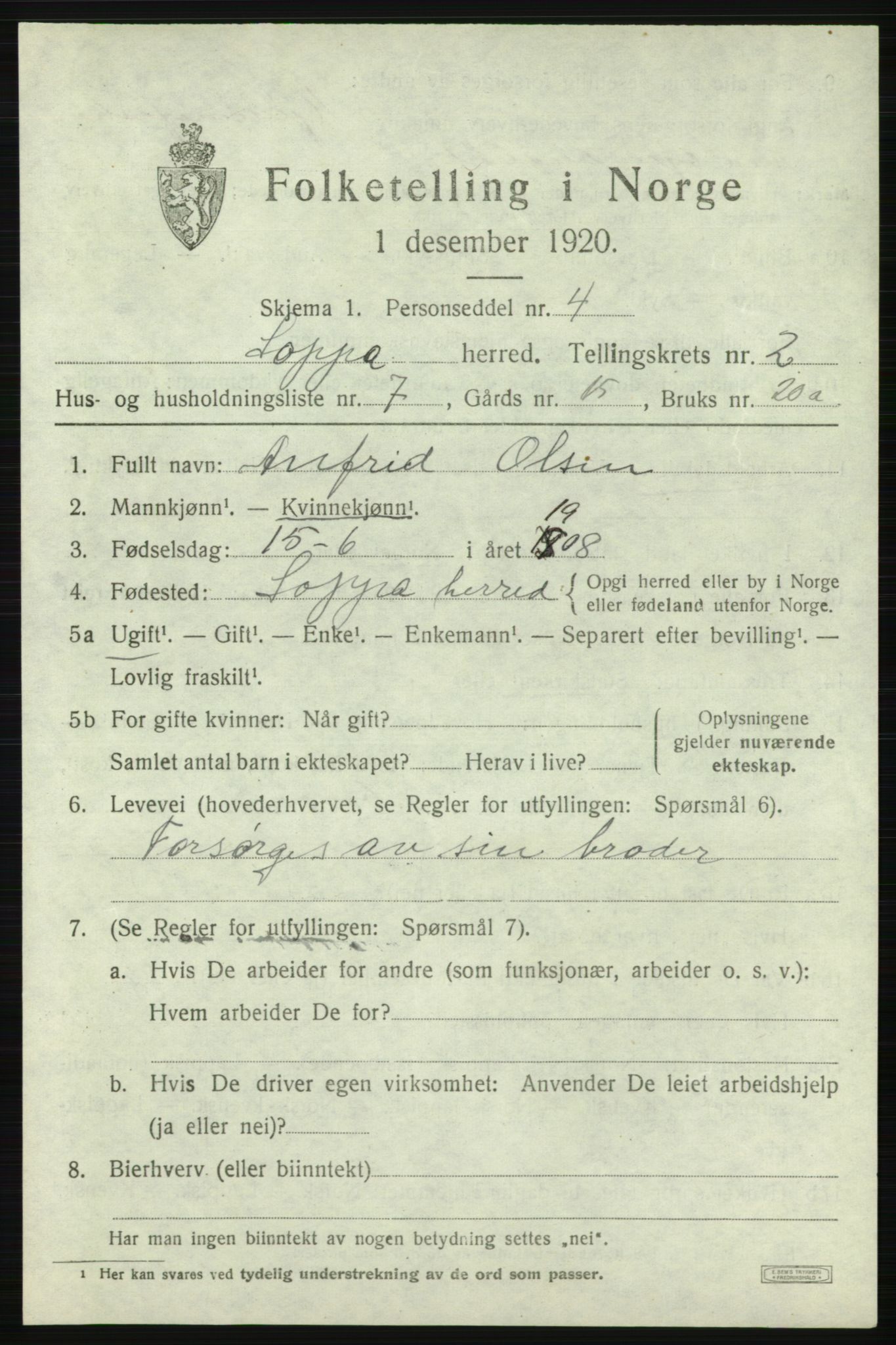 SATØ, 1920 census for Loppa, 1920, p. 890