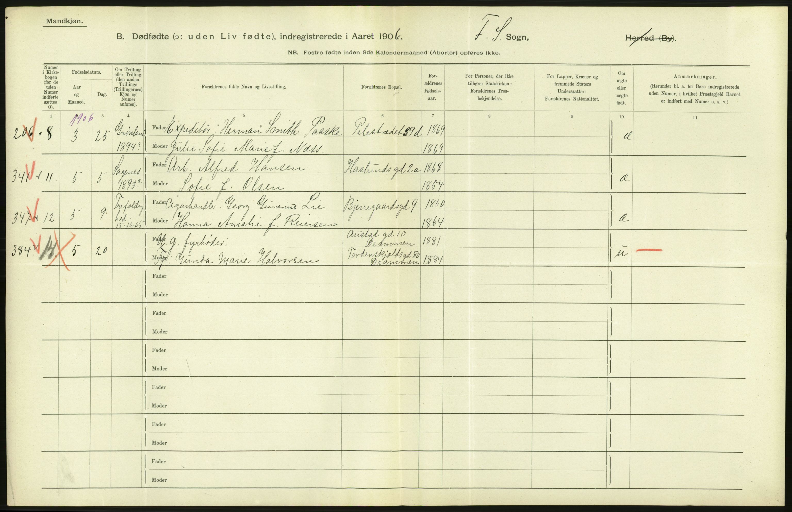 Statistisk sentralbyrå, Sosiodemografiske emner, Befolkning, AV/RA-S-2228/D/Df/Dfa/Dfad/L0010: Kristiania: Døde, dødfødte, 1906, p. 506