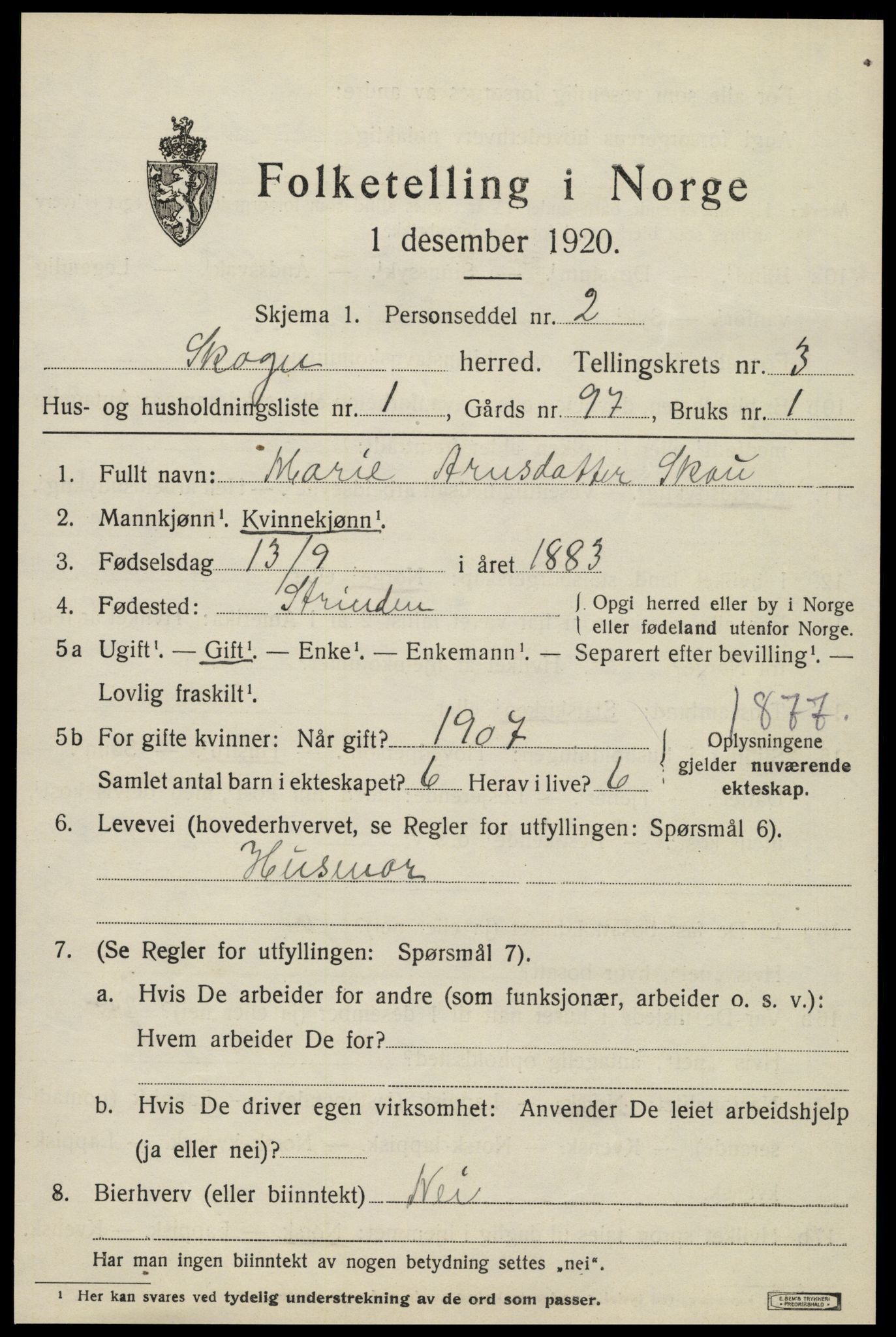 SAT, 1920 census for Skogn, 1920, p. 4597