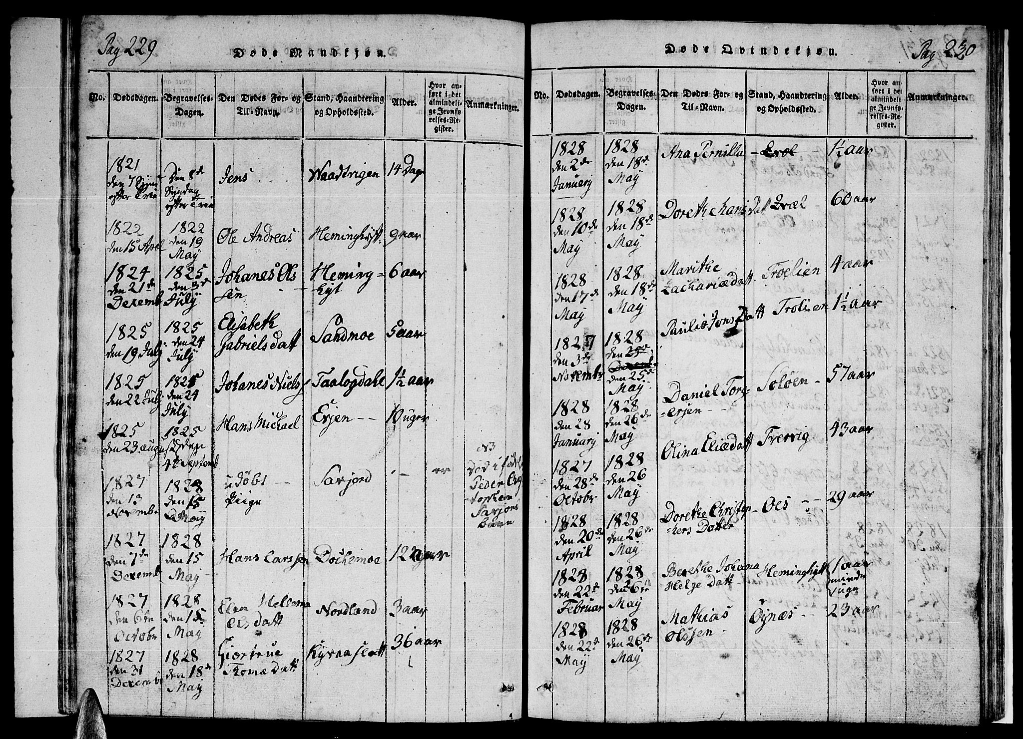 Ministerialprotokoller, klokkerbøker og fødselsregistre - Nordland, SAT/A-1459/846/L0651: Parish register (copy) no. 846C01, 1821-1841, p. 229-230