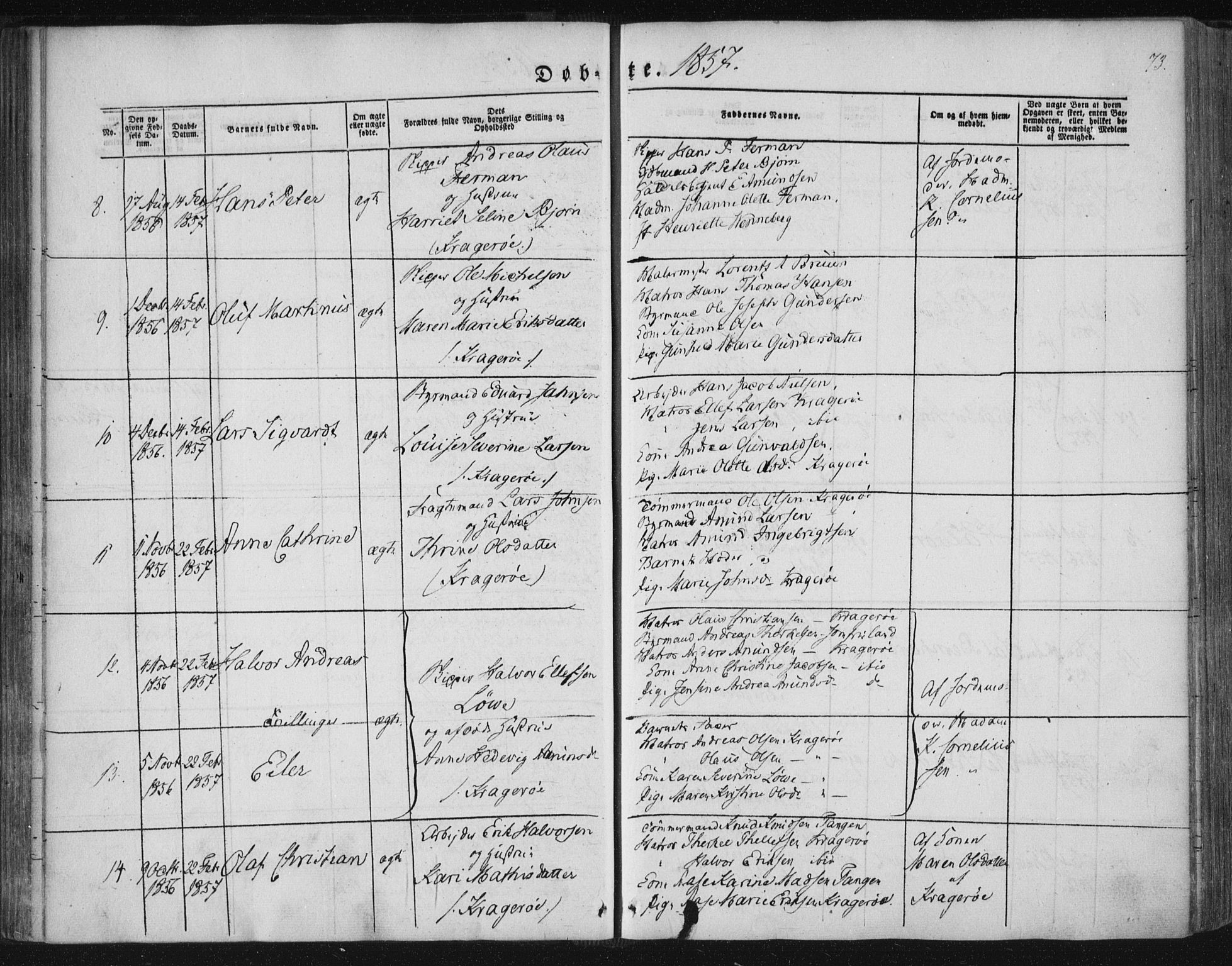 Kragerø kirkebøker, SAKO/A-278/F/Fa/L0006: Parish register (official) no. 6, 1847-1861, p. 73