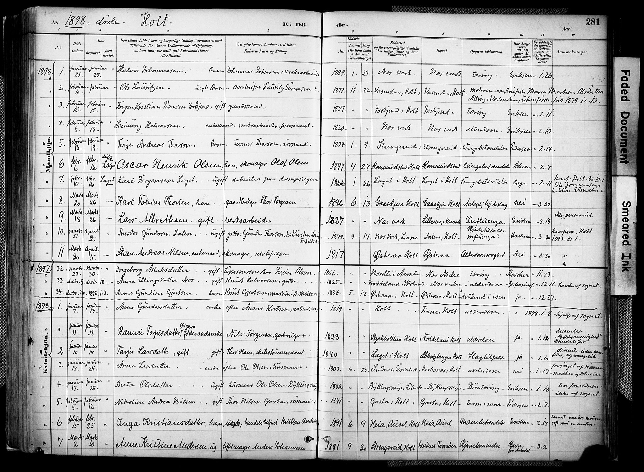 Holt sokneprestkontor, AV/SAK-1111-0021/F/Fa/L0012: Parish register (official) no. A 12, 1885-1907, p. 281