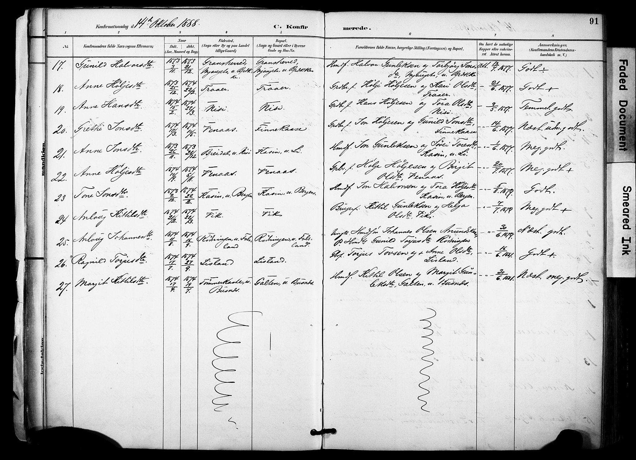 Gransherad kirkebøker, SAKO/A-267/F/Fa/L0005: Parish register (official) no. I 5, 1887-1916, p. 91