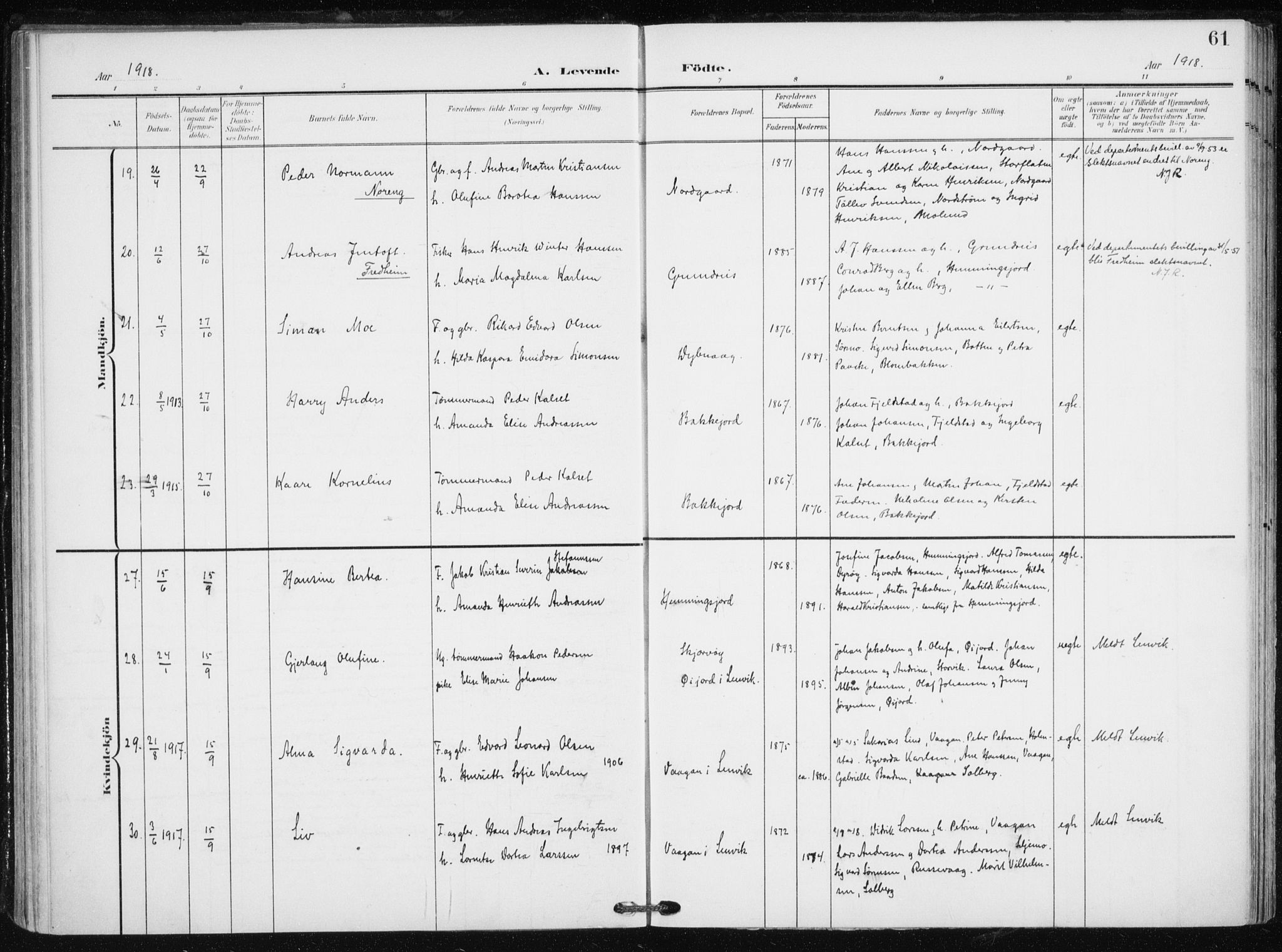 Tranøy sokneprestkontor, AV/SATØ-S-1313/I/Ia/Iaa/L0012kirke: Parish register (official) no. 12, 1905-1918, p. 61