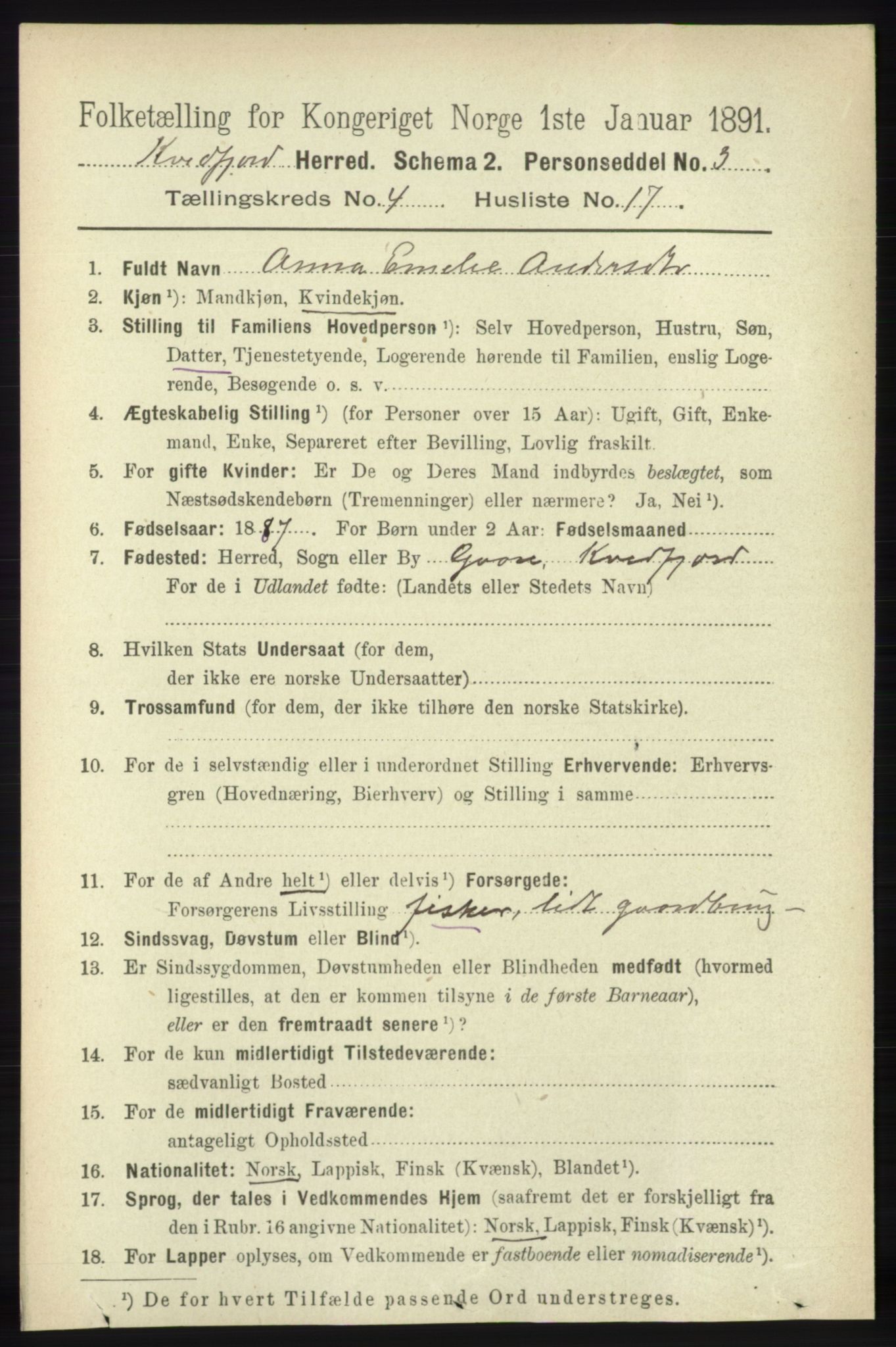 RA, 1891 census for 1911 Kvæfjord, 1891, p. 1995