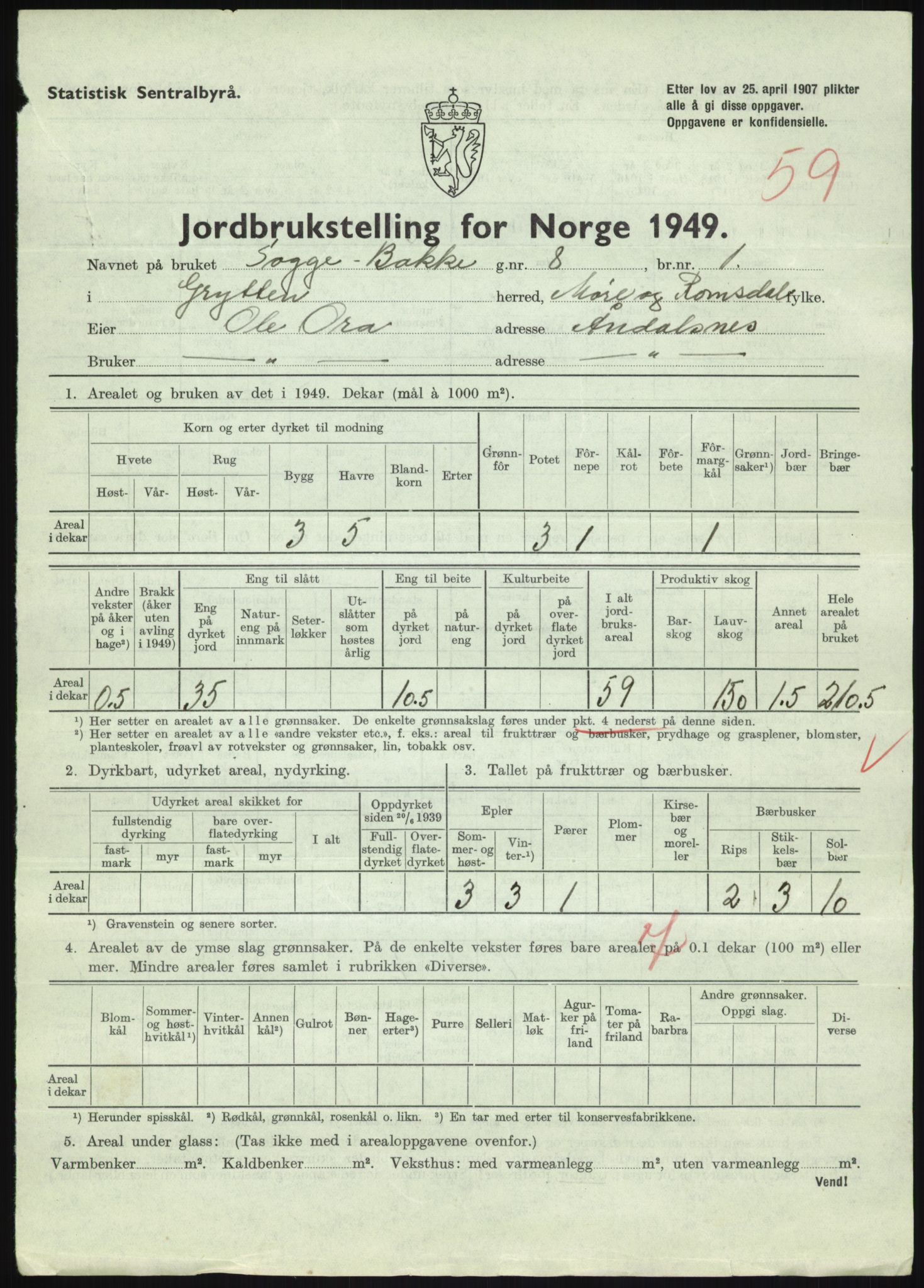 Statistisk sentralbyrå, Næringsøkonomiske emner, Jordbruk, skogbruk, jakt, fiske og fangst, AV/RA-S-2234/G/Gc/L0323: Møre og Romsdal: Grytten og Hen, 1949, p. 269