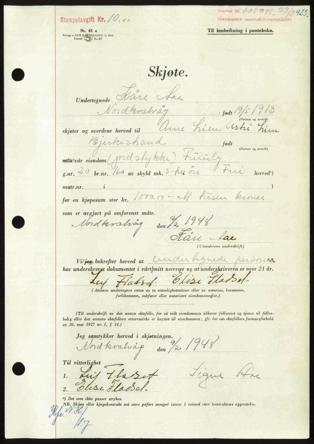 Nordmøre sorenskriveri, AV/SAT-A-4132/1/2/2Ca: Mortgage book no. A107, 1947-1948, Diary no: : 668/1948