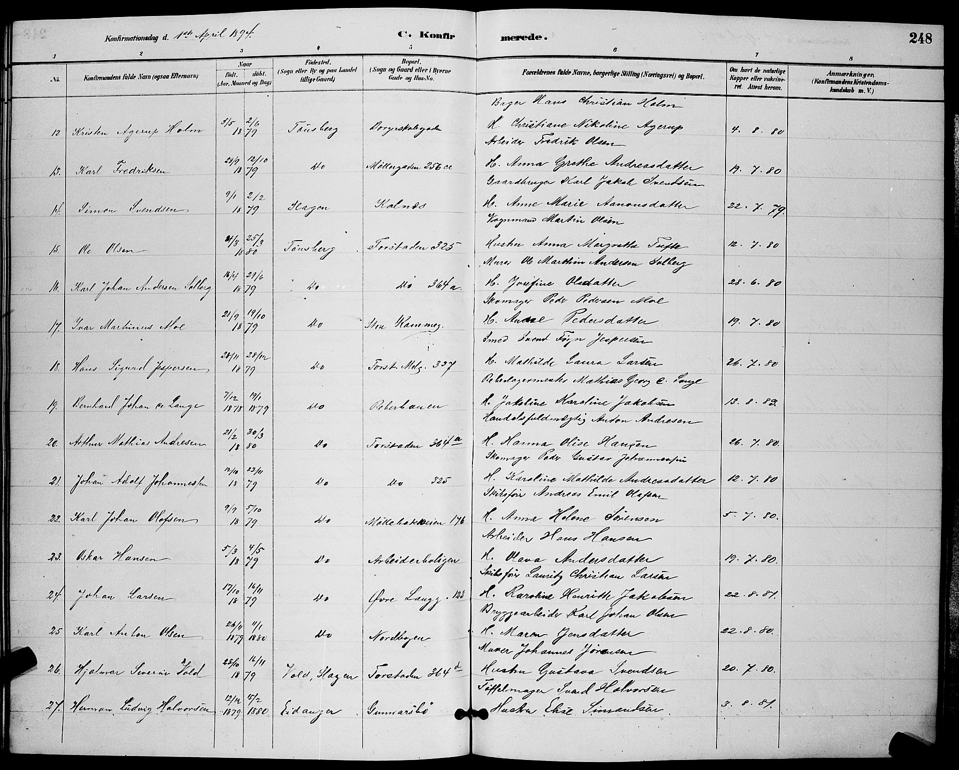 Tønsberg kirkebøker, SAKO/A-330/G/Ga/L0006: Parish register (copy) no. 6, 1885-1895, p. 248